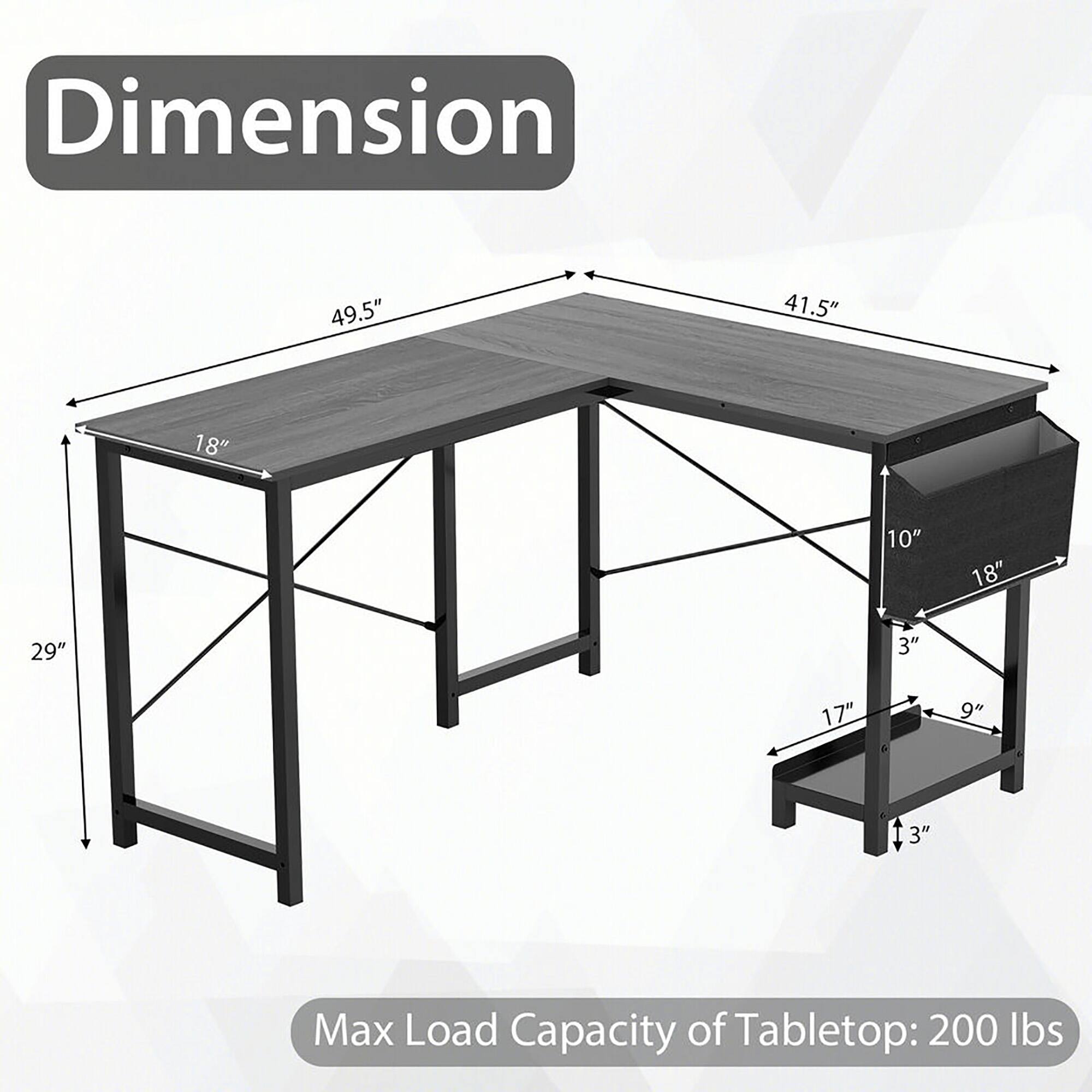 Dimension: 49.5", 41.5", 18", 10", 18", 29", 3", 17", 9", 3"

Max Load Capacity of Tabletop: 200 lbs