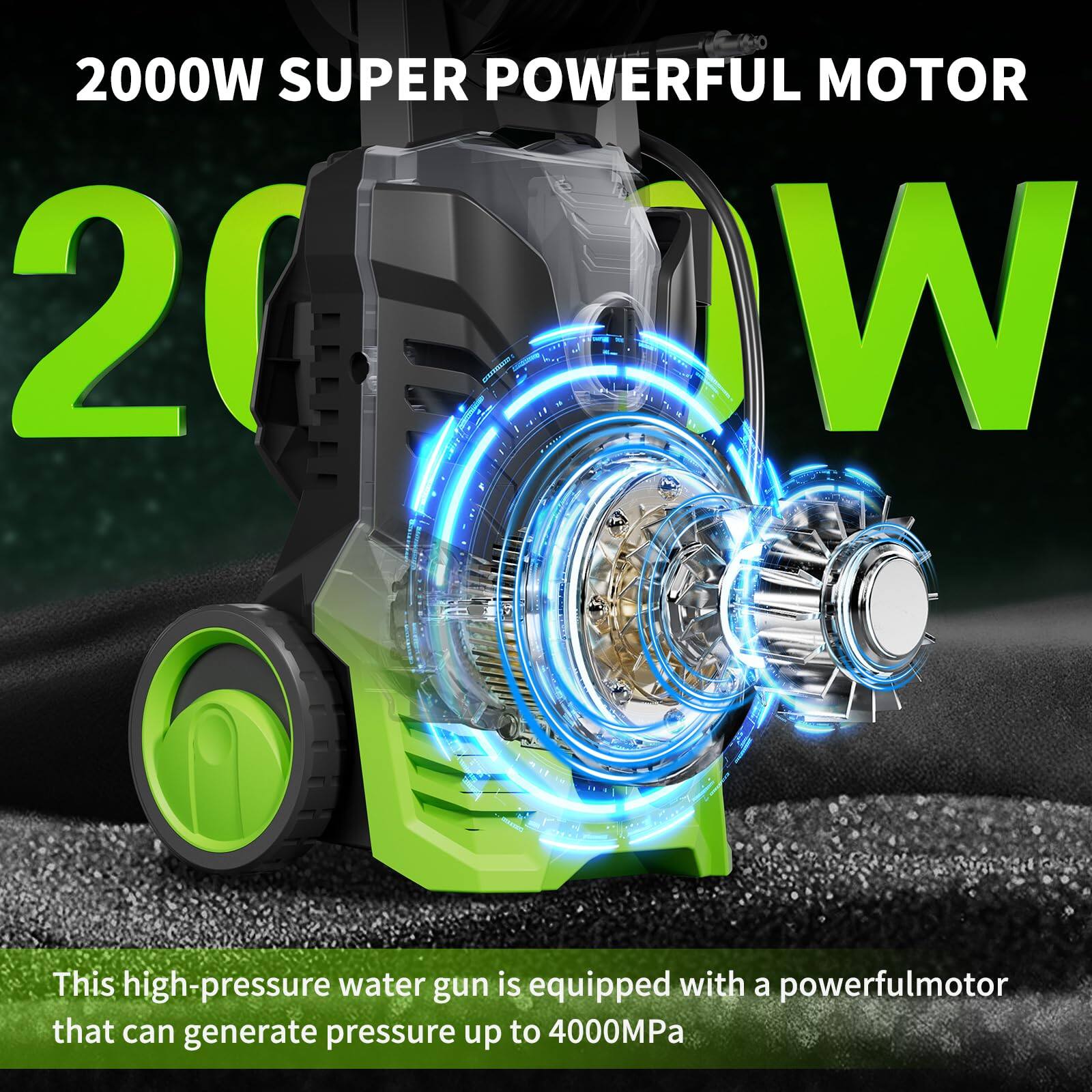 2000W SUPER POWERFUL MOTOR This high-pressure water gun is equipped with a powerful motor that can generate pressure up to 4000MPa