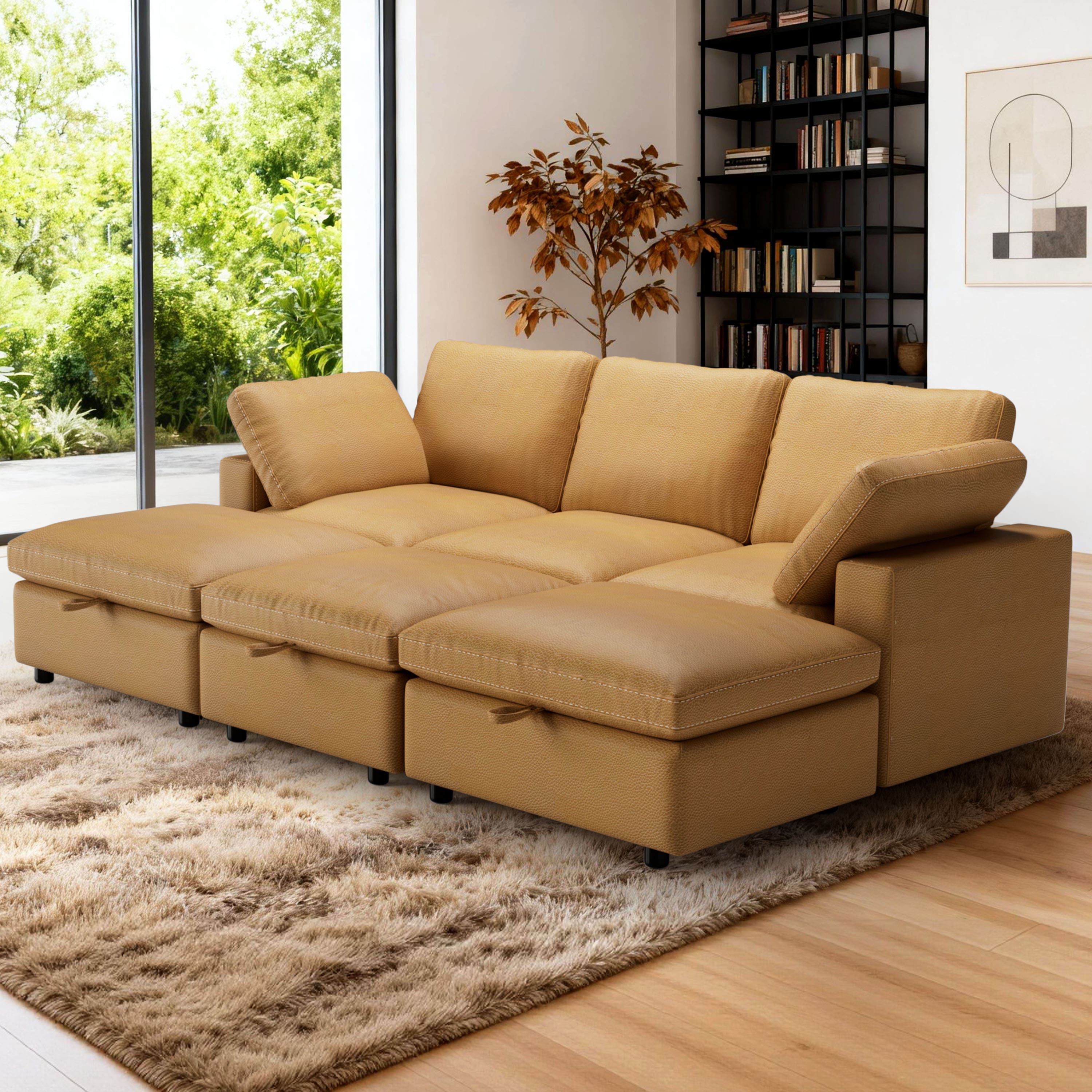 Dyonery - modern cat-scratch leather sofa, a three-seater sofa with three storage footrests, can be flexibly combined - Yellow