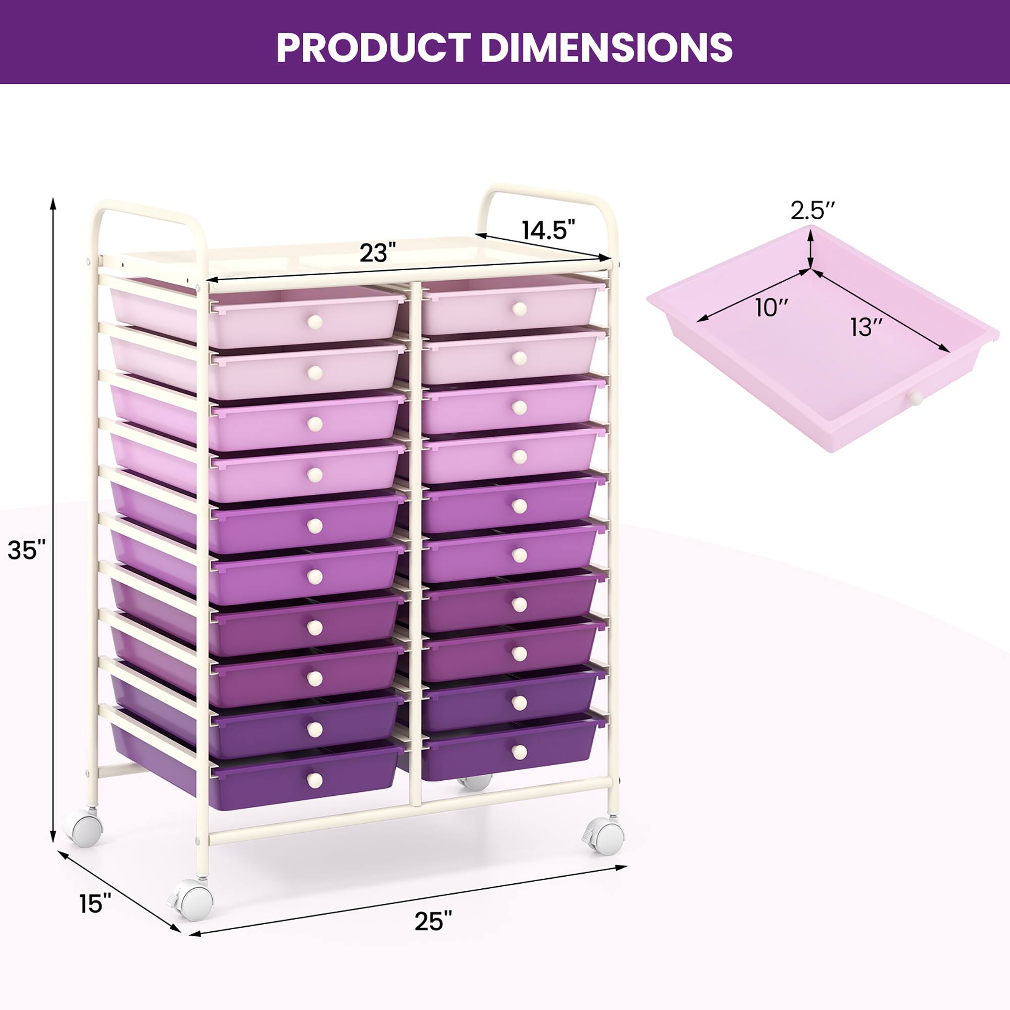 PRODUCT DIMENSIONS

- Height: 35"
- Width: 25"
- Depth: 15"
- Shelf Height: 23"
- Shelf Width: 14.5"
- Drawer Dimensions: 10" x 13" x 2.5"
