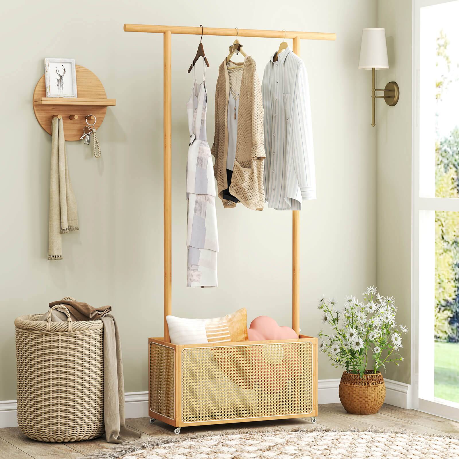 Alt View 5. Costway - Costway Bamboo Clothes Rack with Rattan Storage Basket & Wheels, Rolling Garment Rack - Beige.