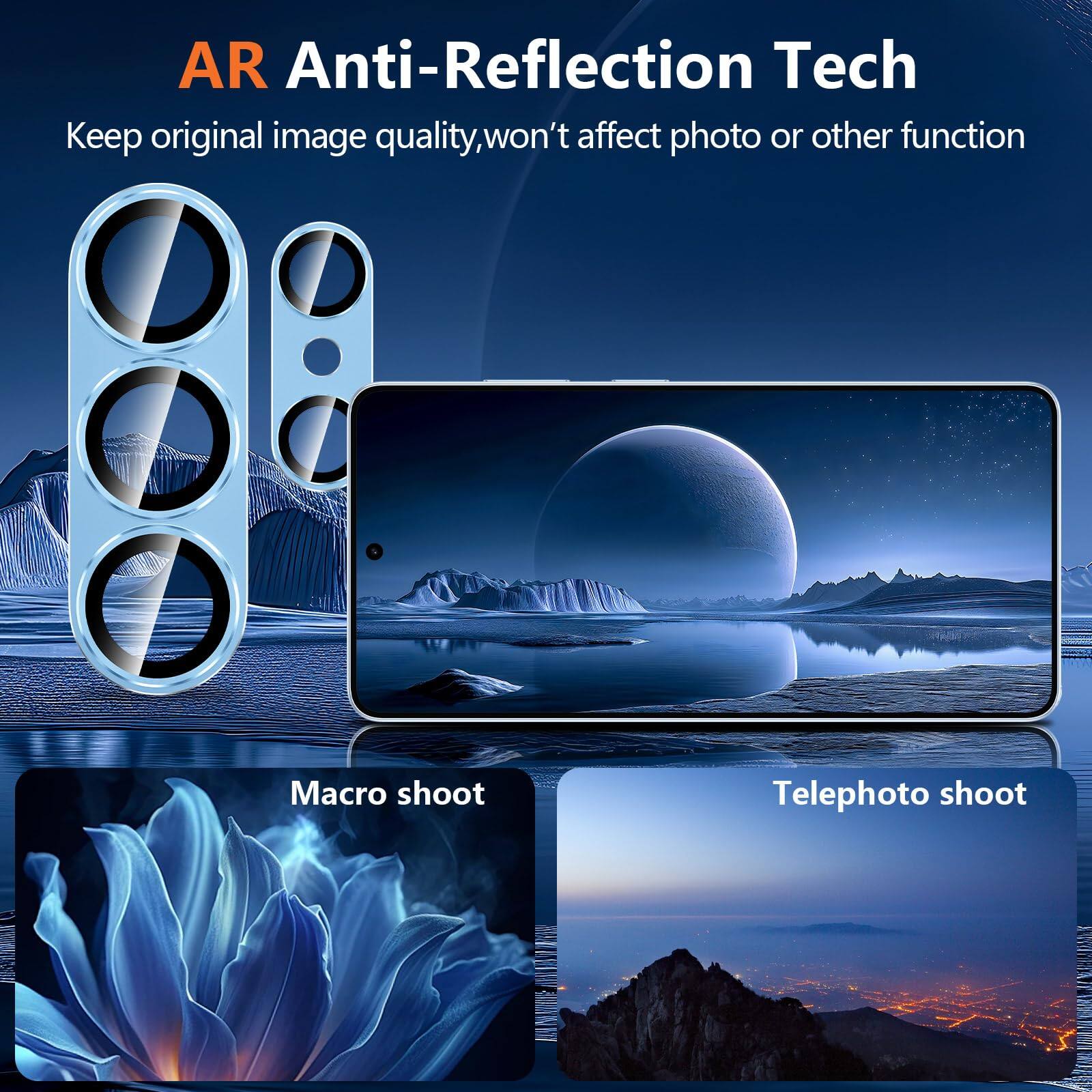 AR Anti-Reflection Tech  
Keep original image quality, won't affect photo or other function  

Macro shoot  
Telephoto shoot
