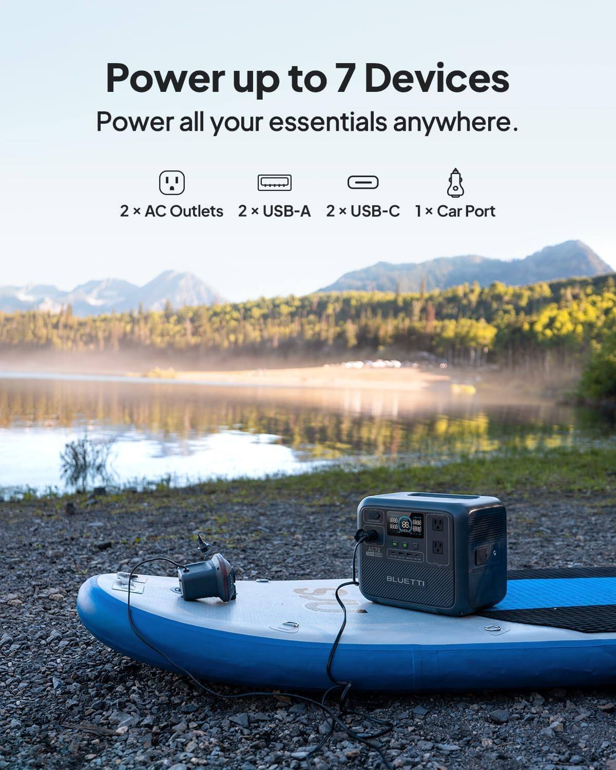 Power up to 7 Devices  
Power all your essentials anywhere.  

2 x AC Outlets  
2 x USB-A  
2 x USB-C  
1 x Car Port  

BLUETTI