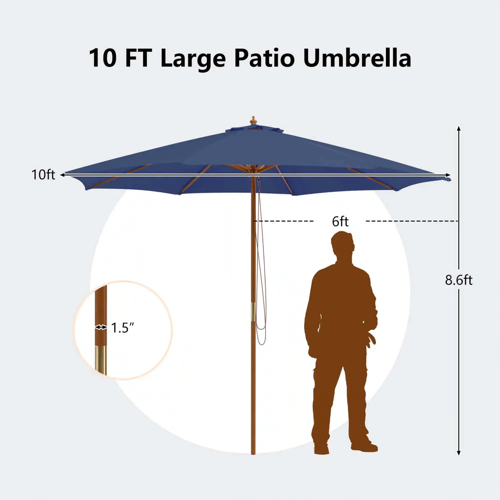 10 FT Large Patio Umbrella: 10 feet, 6 feet, 8.6 feet, 1.5 inches.