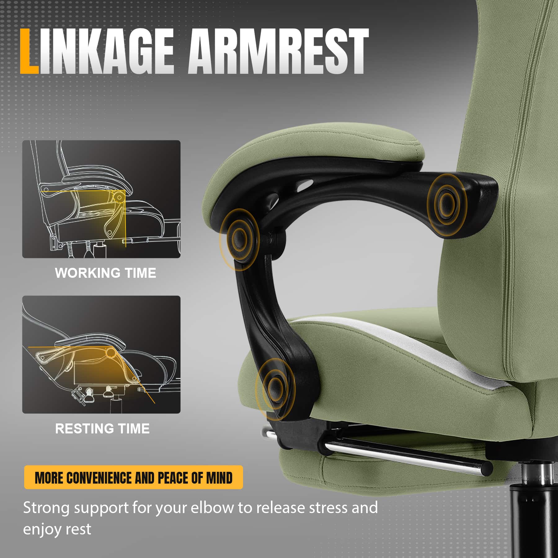 The text on the image reads: "LINKAGE ARMREST WORKING TIME RESTING TIME MORE CONVENIENCE AND PEACE OF MIND Strong support for your elbow to release stress and enjoy rest."