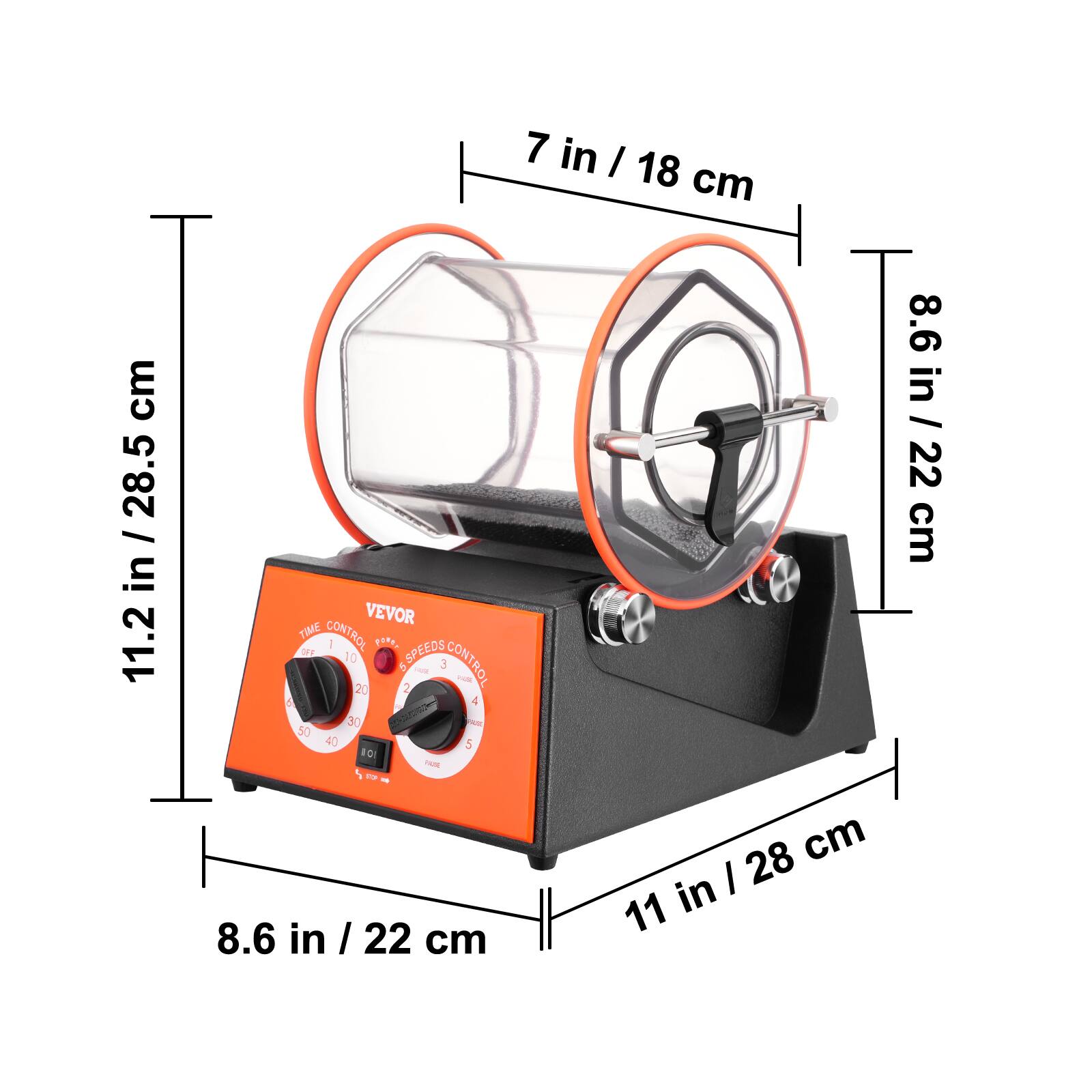 cm 28.5 I in 11.2  
VEVOR TIME CONTROL - 10 SPEEDS CONTROL  
- 30 - 50 - 40 - 5 - di - - 7 in I 18 cm  
8.6 in / 22 cm  
8.6 in / 22 cm  
11 in / 28 cm