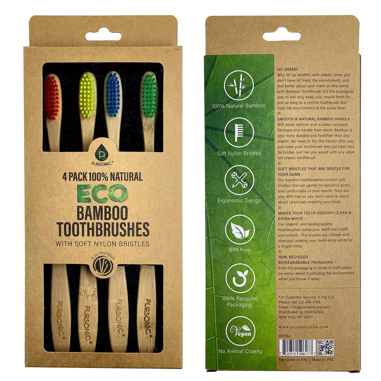 100% Natural Bamboo GREEN! Why landfill with plastic when you don't have to? Help the environment and feel better about your mark on this world with a Bamboo Toothbrush. It's the ecological way to not only keep your mouth fresh just as long as a normal toothbrush, but help the environment at the same time! PURSONIC 4 PACK 100% NATURAL ECO BAMBOO TOOTHBRUSHES WITH SOFT NYLON BRISTLES ECO FRIENDLY

- SMOOTH & NATURAL BAMBOO HANDLE: Will never splinter and is water resistant. Stronger, harder than wood. Also more durable and healthier than any plastic. Just rinse your toothbrush and put back into its holder, like you would with any other old plastic toothbrush.
- SOFT BRISTLES THAT ARE GENTLE FOR YOUR GUMS: Our bamboo toothbrushes contain soft bristles that are gentle on sensitive gums and comfortable in your mouth. They are also free from chemicals, so you don't need to worry about chemicals entering your body.
- ERGONOMIC DESIGN: Makes your teeth squeaky clean and extra white. Our organic biodegradable toothbrushes make your teeth feel clean and smooth. The br