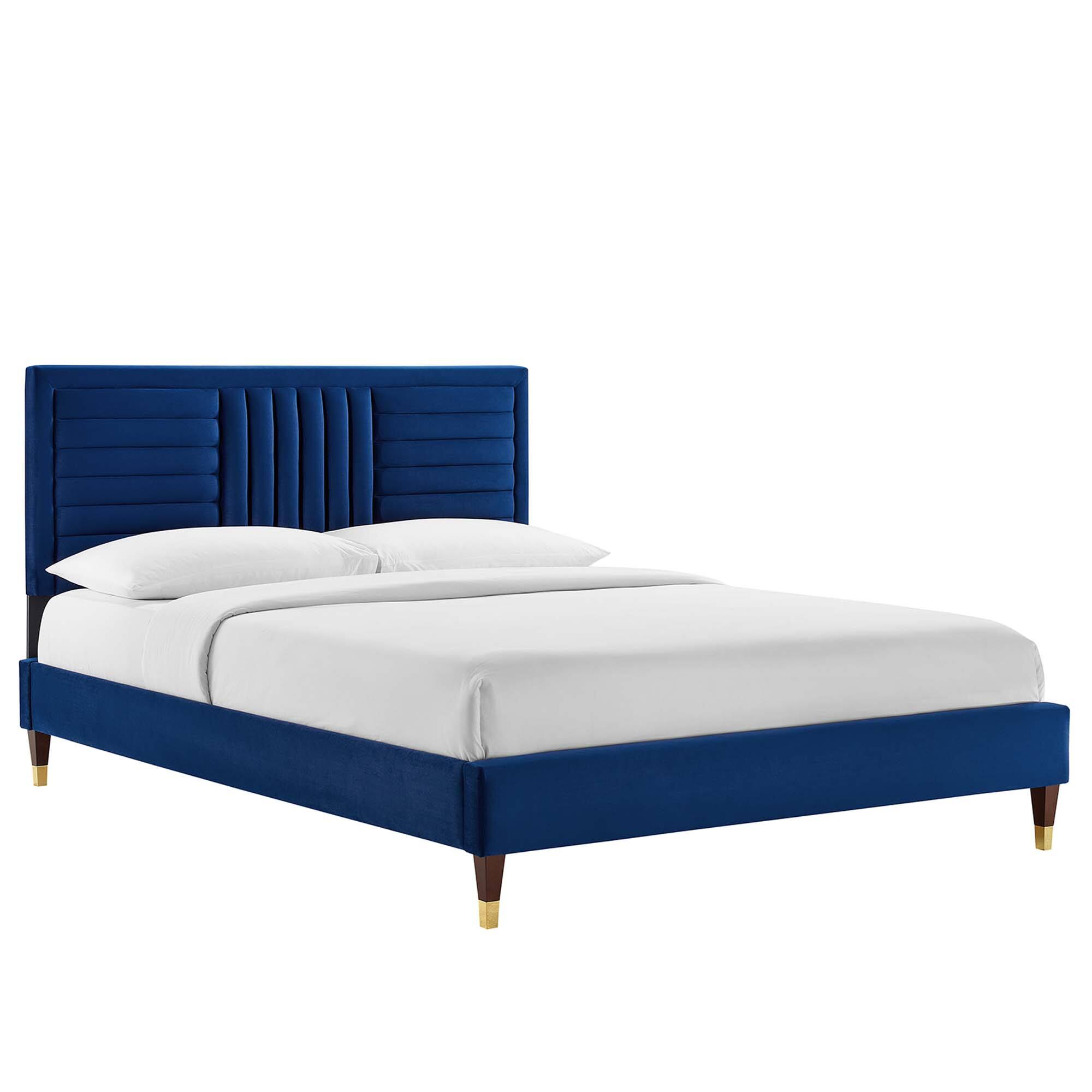 Angle. Modway - Sofia Channel Tufted Performance Velvet Platform Bed With Wood and Gold Legs - Navy.