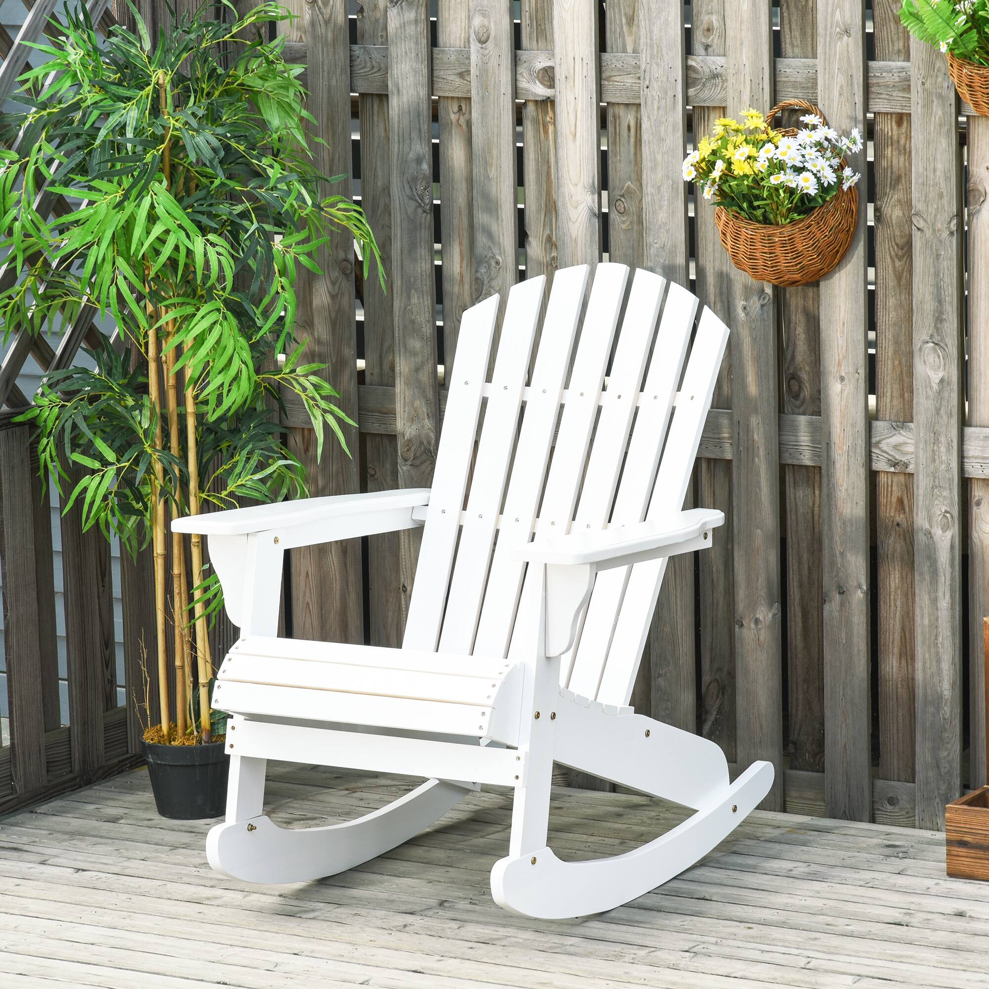 Alt View 1. Outsunny - Wooden Adirondack Rocking Chair Outdoor Lounge Chair Fire Pit Seating with Slatted Wooden Design, Fanned Back - White.
