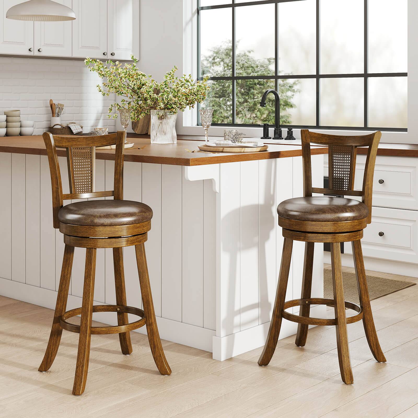 Alt View 1. Costway - Costway Set of 2 Bar Stools 30" Swivel Bar Chairs with PE Rattan Backrest & Footrest - Brown.