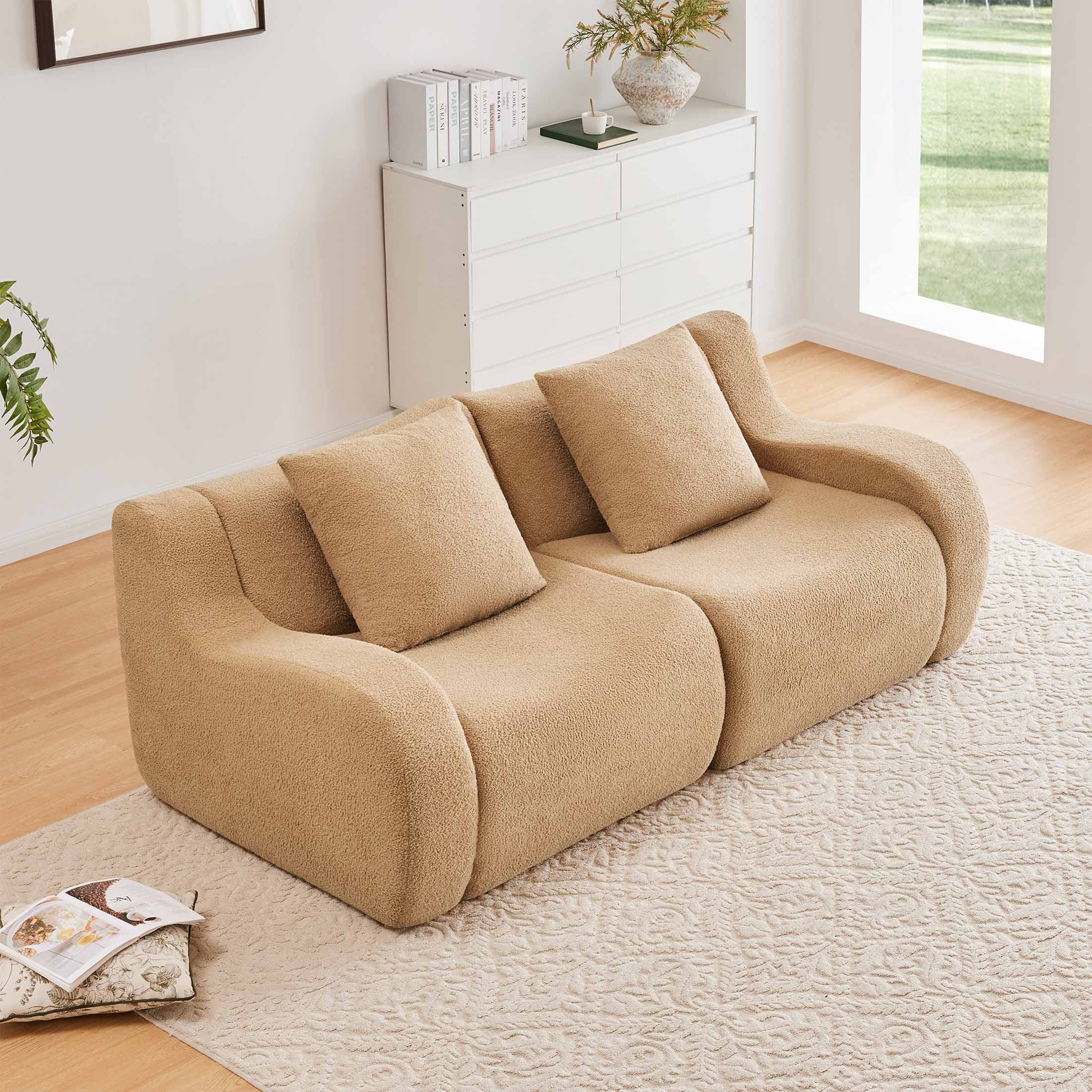 Front. Aukfa - Modular Teddy Fabric Sofa - 2-Seat Convertible Sectional, Soft Boneless Design for Living Room - Camel.