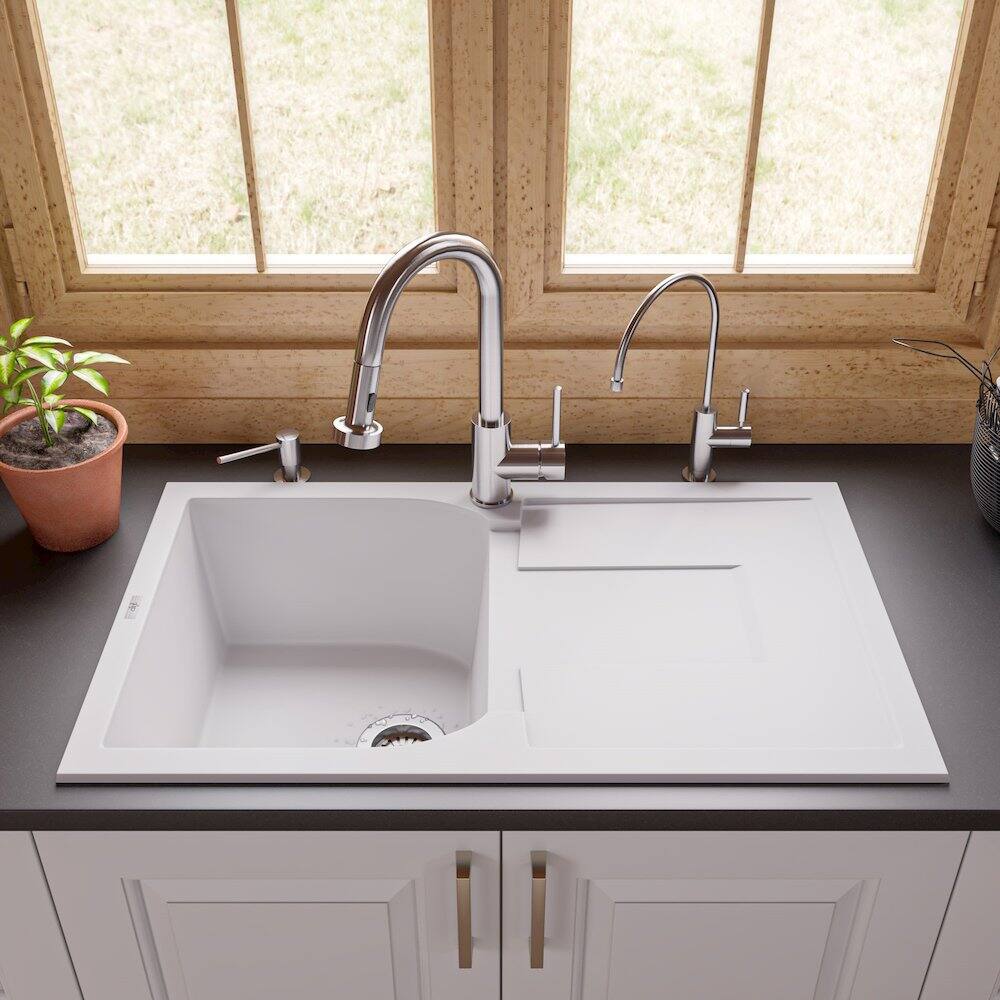 Left. Alfi - White 34" Single Bowl Granite Composite Kitchen Sink with Drainboard - White.