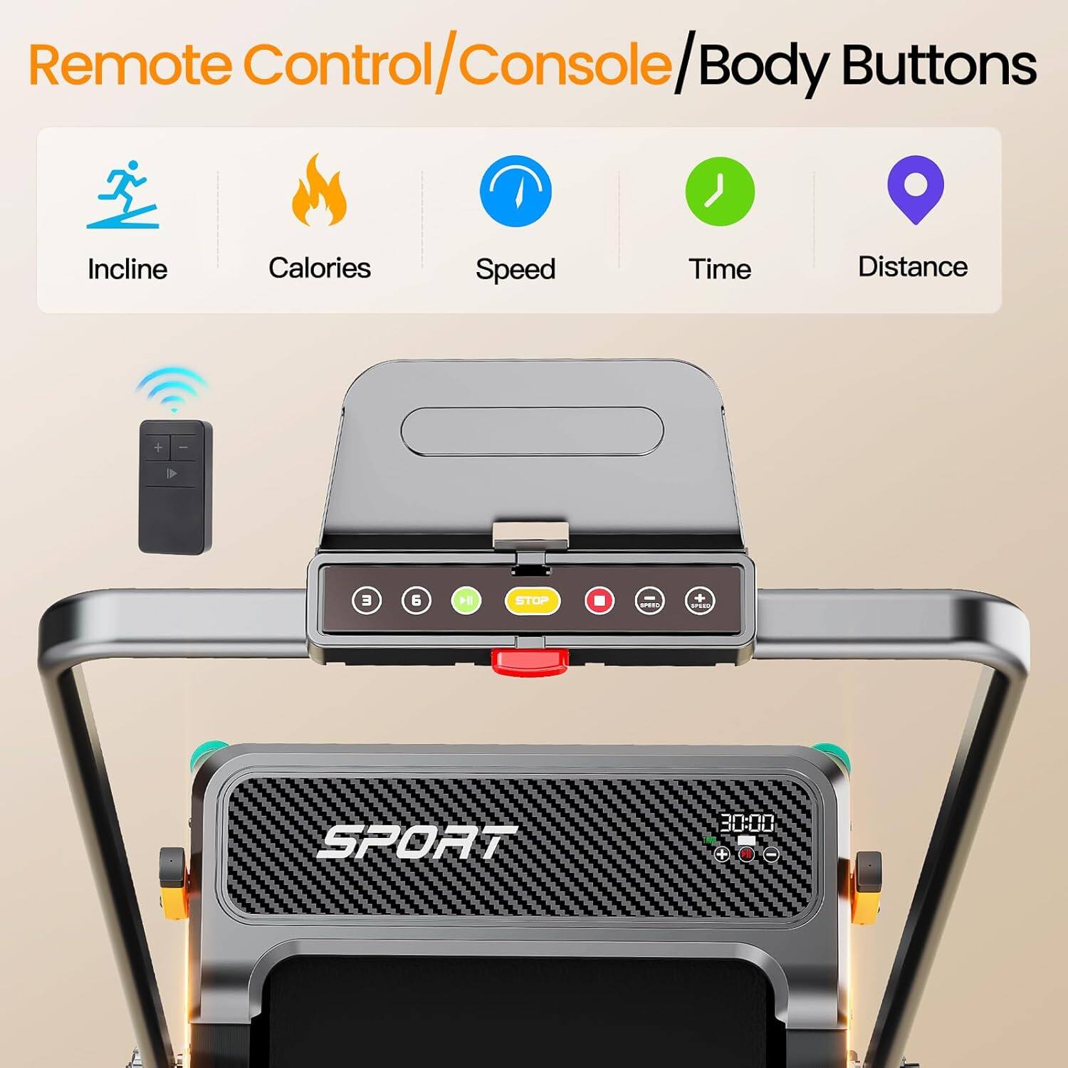 Remote Control/Console/Body Buttons

Incline Calories Speed Time Distance

STOP

30:00
