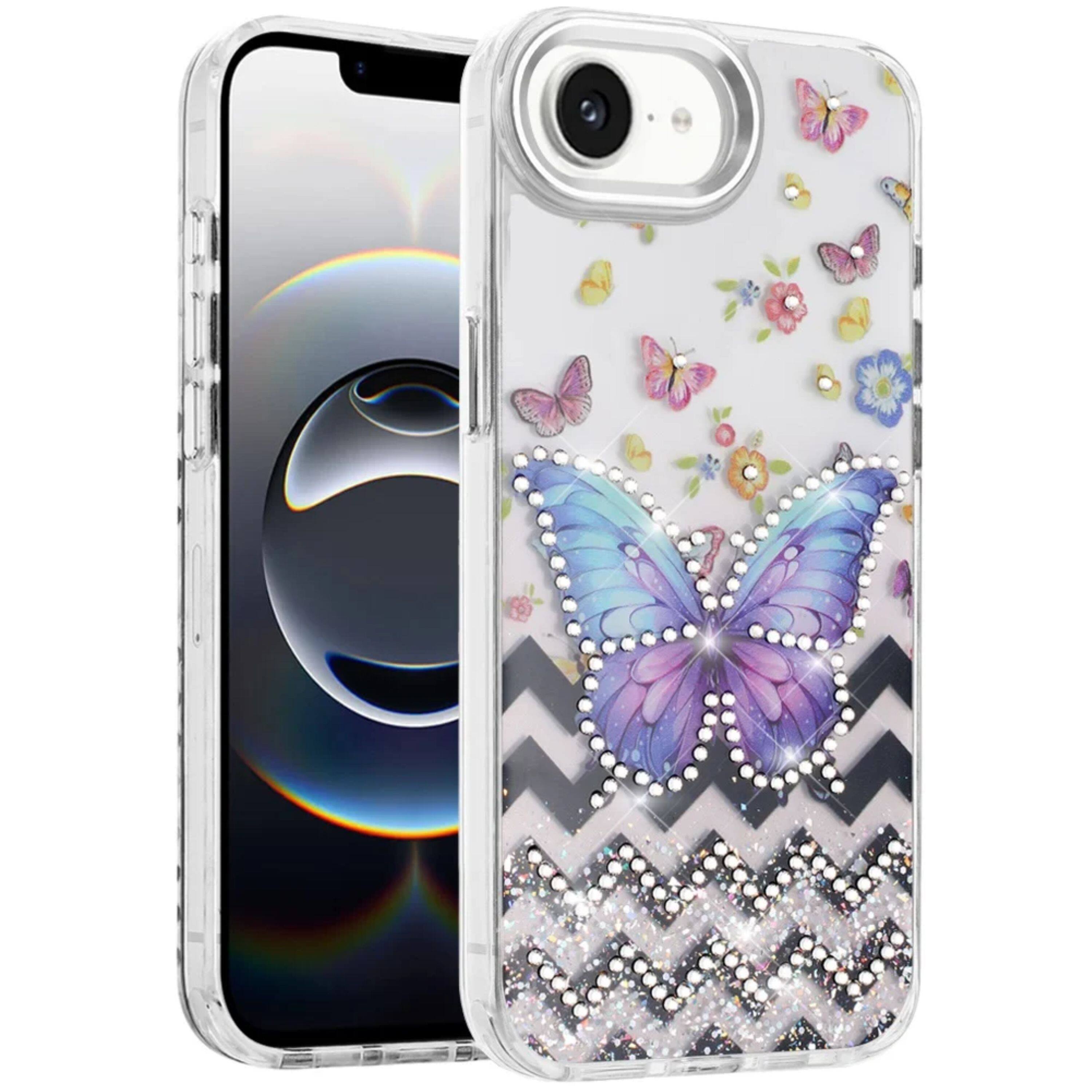 Angle. Kitcheniva - Elegant Epoxy Crystal Jewel Decorative Case With Tempered Glass For iPhone 16e/17e A - Multicolor.