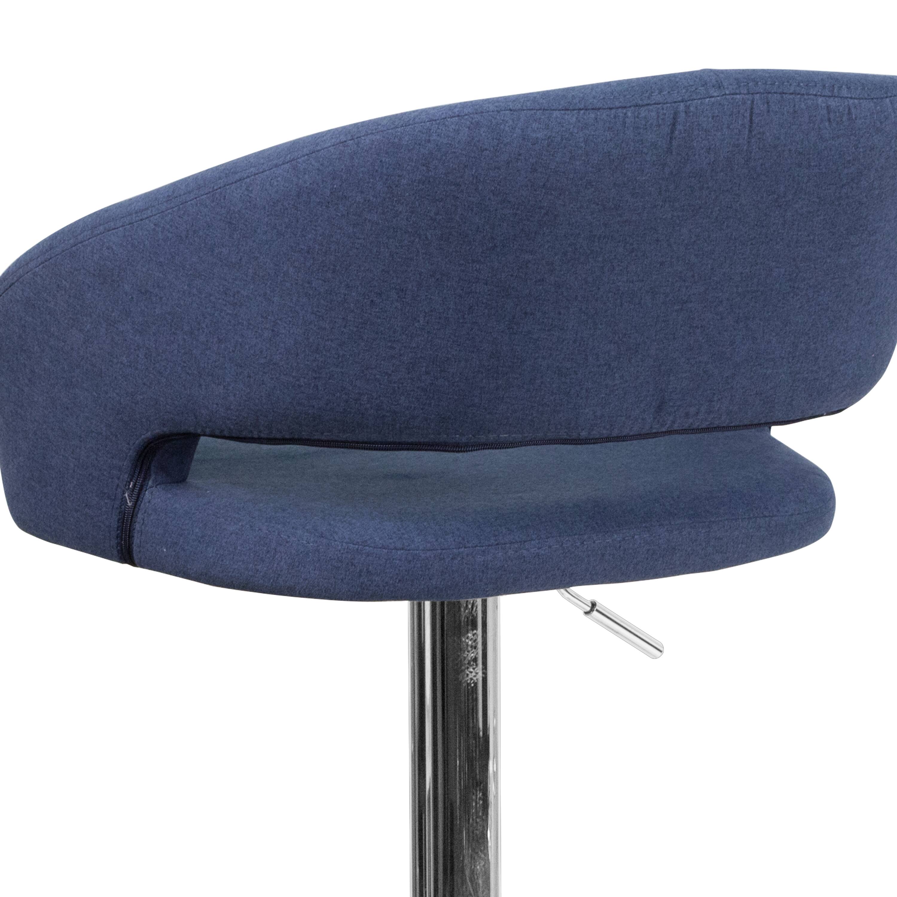 Alt View 9. Emma + Oliver - Shae Contemporary Upholstered Adjustable Height Barstool with Rounded, Cutout Mid-Back and Pedestal Base - Blue Fabric/Chrome Frame.