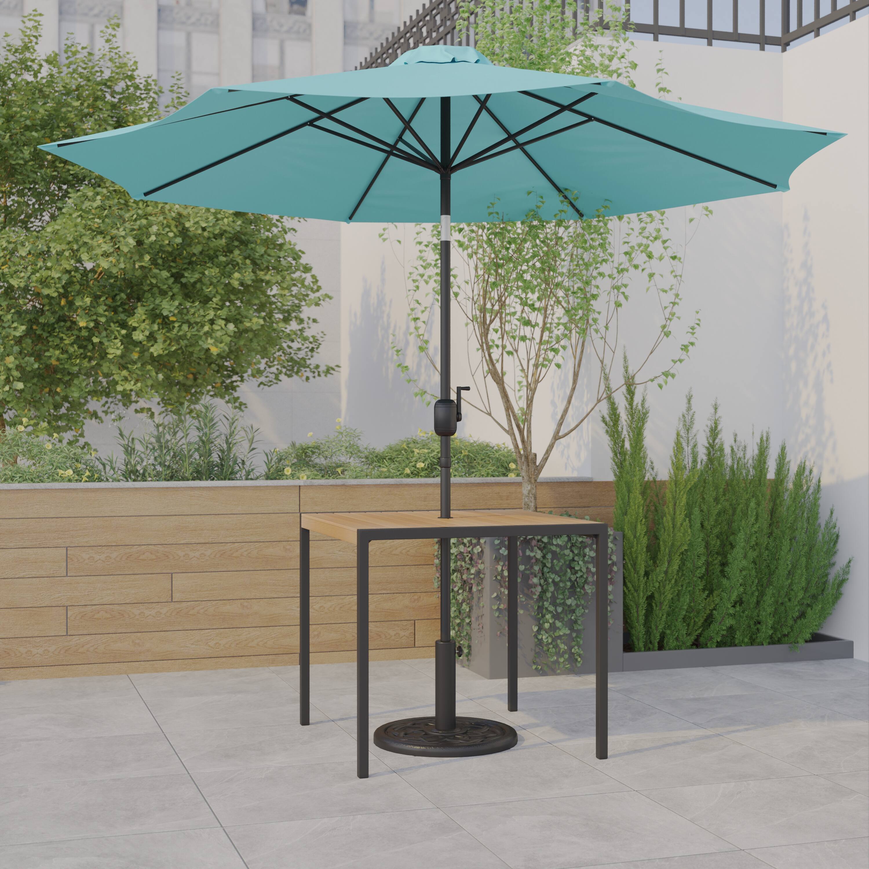 Alt View 1. Emma + Oliver - 3 Piece Patio Table Set - Synthetic Faux Teak Dining Table with Umbrella Hole & Umbrella with Weighted Base - Teal.