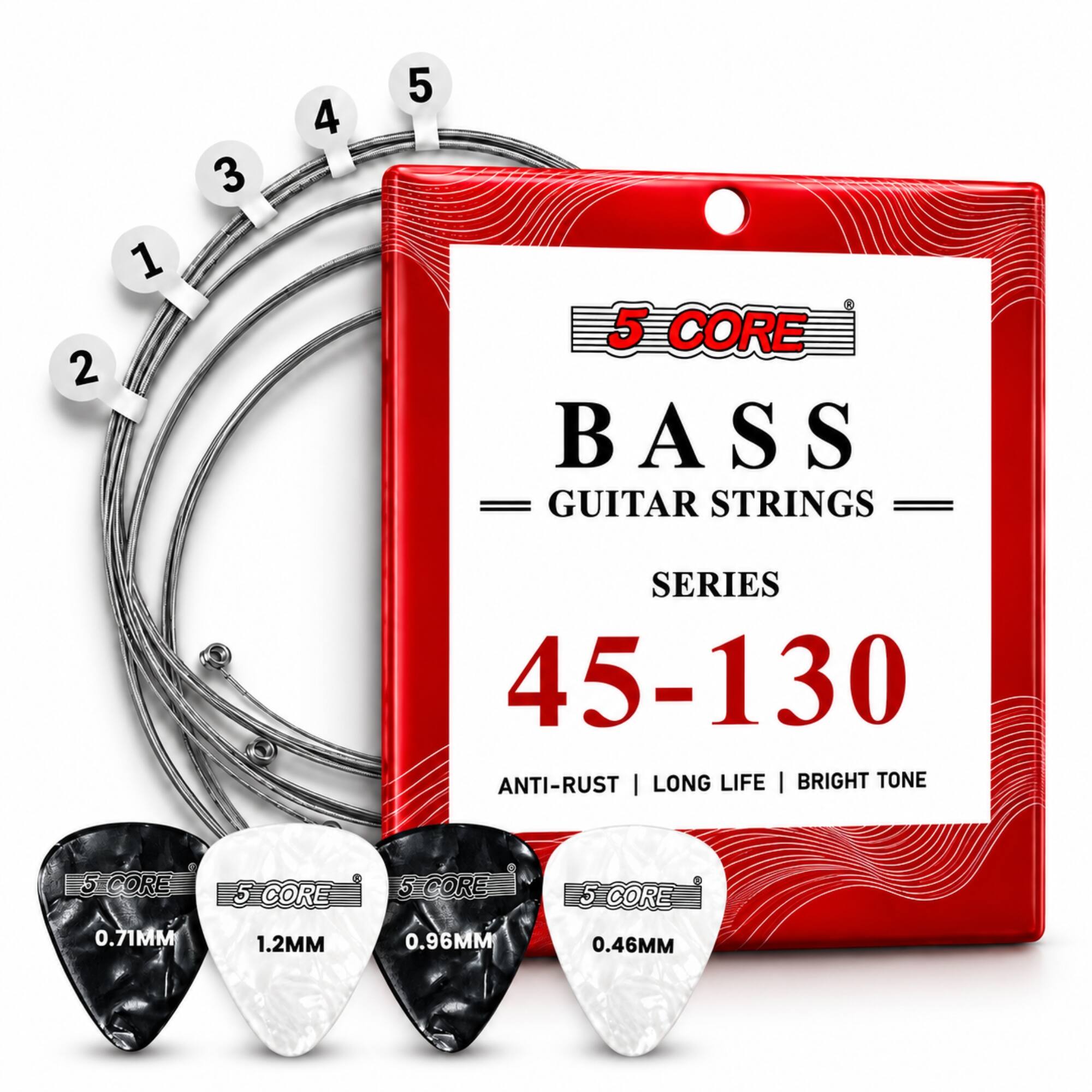 5 CORE - Bass Guitar Strings Brass Phosphor Bronze Extra Light Gauge Bright Tone 5 String Set - Silver