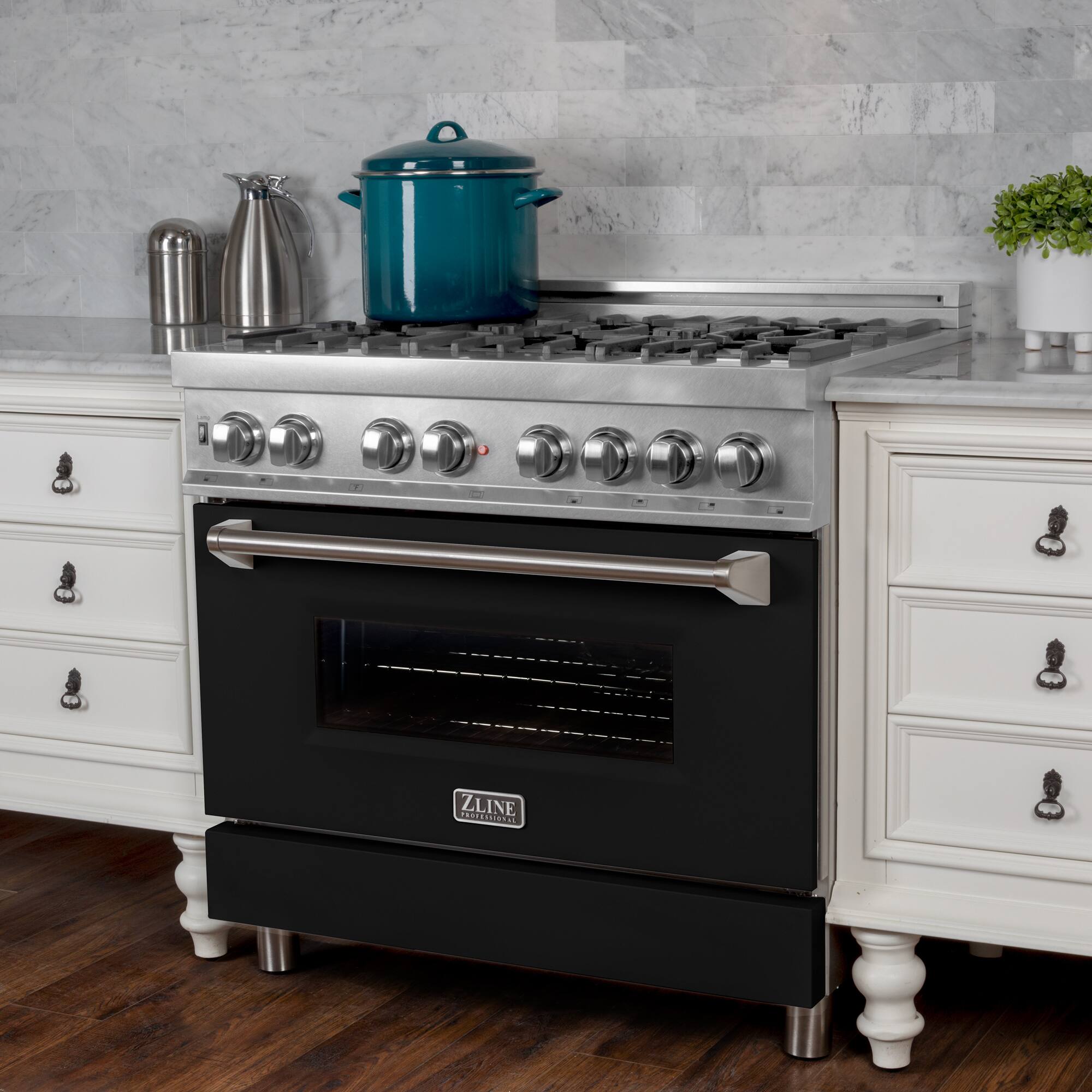 ZLINE is the brand of the stove and oven in the image.