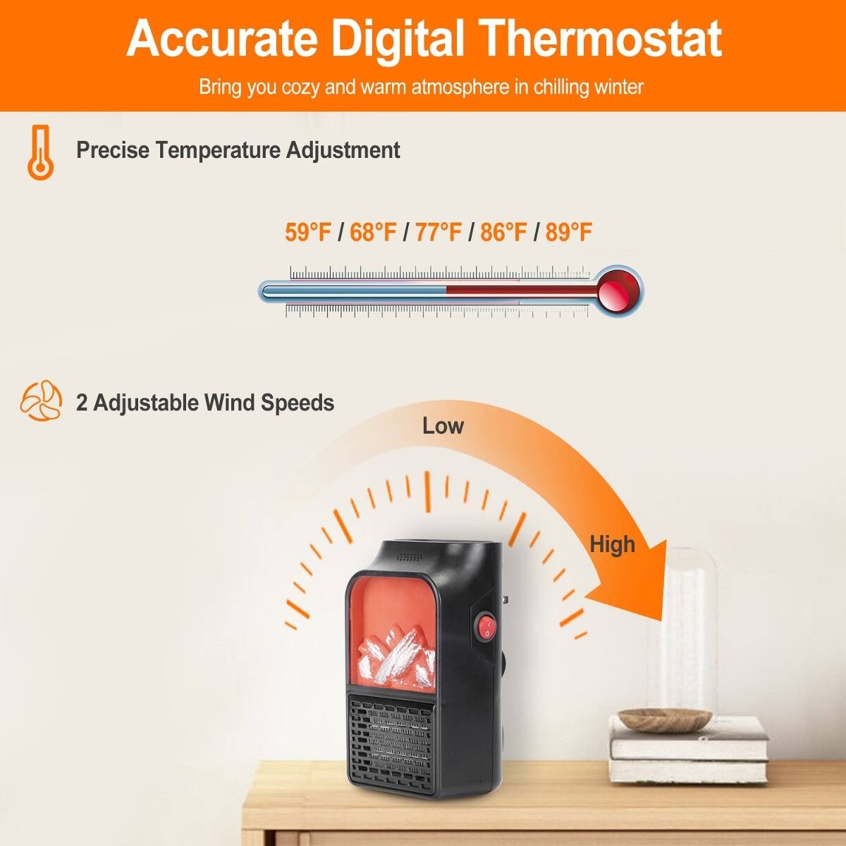 Accurate Digital Thermostat  
Bring you cozy and warm atmosphere in chilling winter

Precise Temperature Adjustment  
59°F / 68°F / 77°F / 86°F / 89°F

2 Adjustable Wind Speeds  
Low  
High