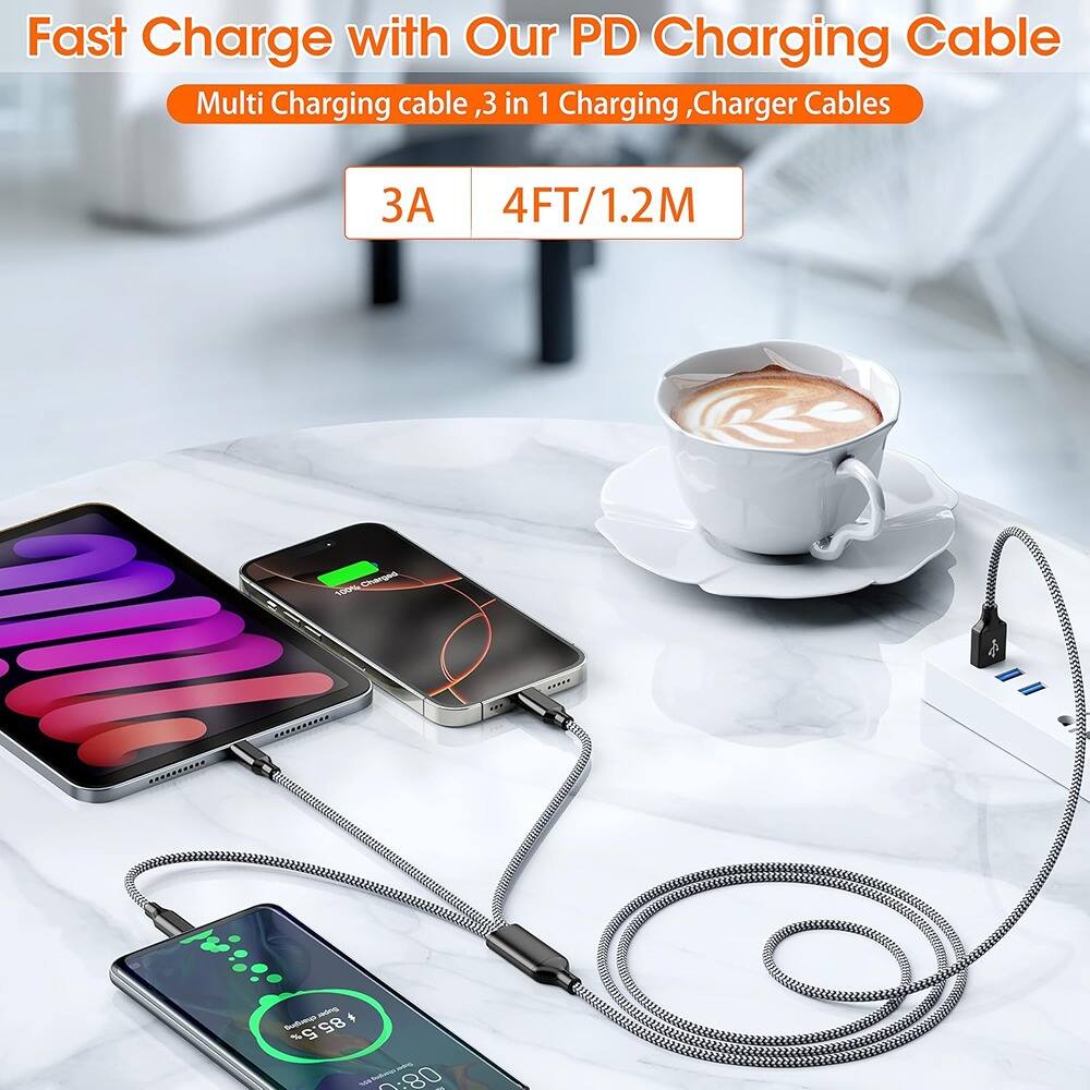 Fast Charge with Our PD Charging Cable  
Multi Charging cable, 3 in 1 Charging, Charger Cables  
3A  
4FT/1.2M