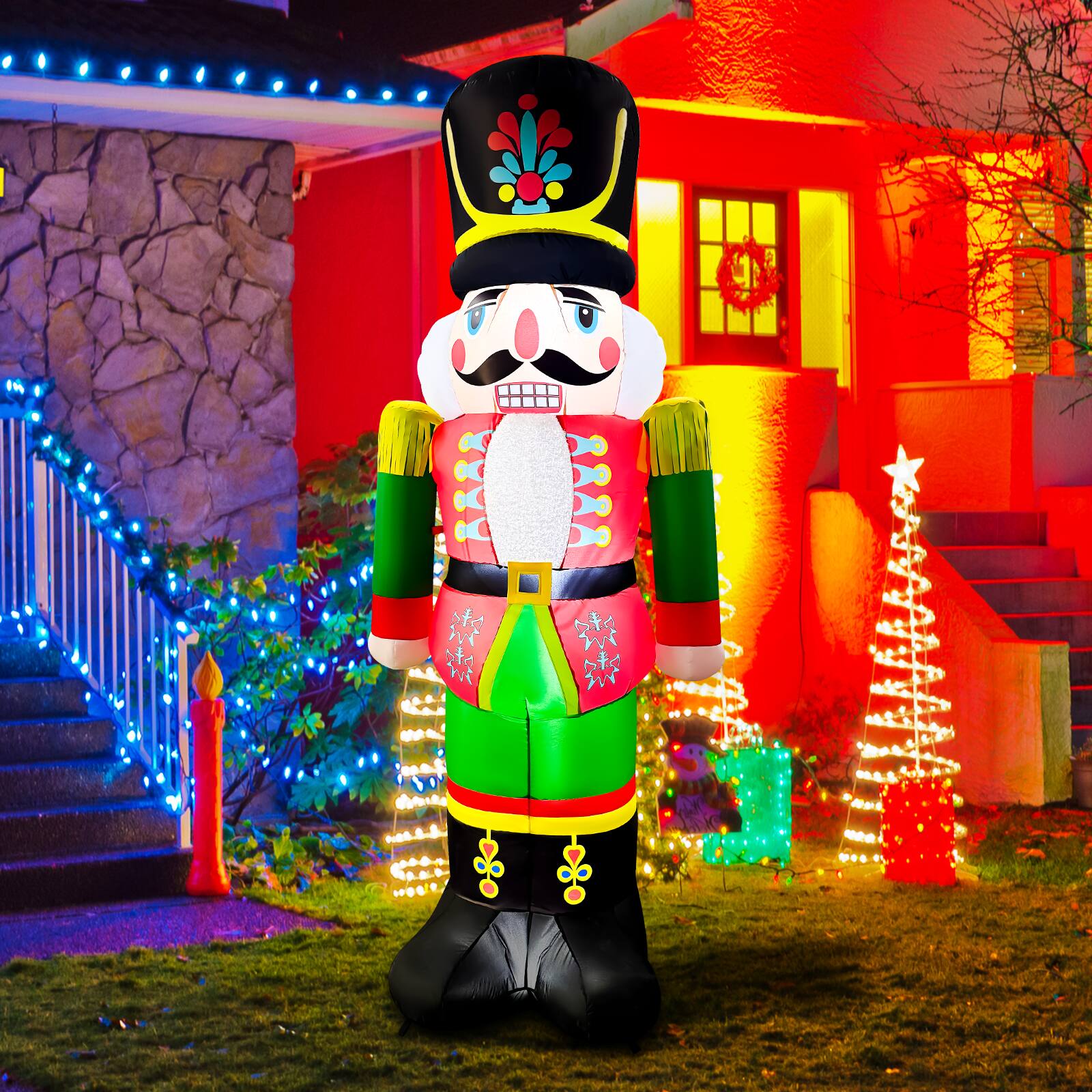 Back. GOOSH Inflatables - GOOSH 7FT Christmas Nutcracker Inflatable with LED Lights for Outdoor Yard Décor - Red and Green.