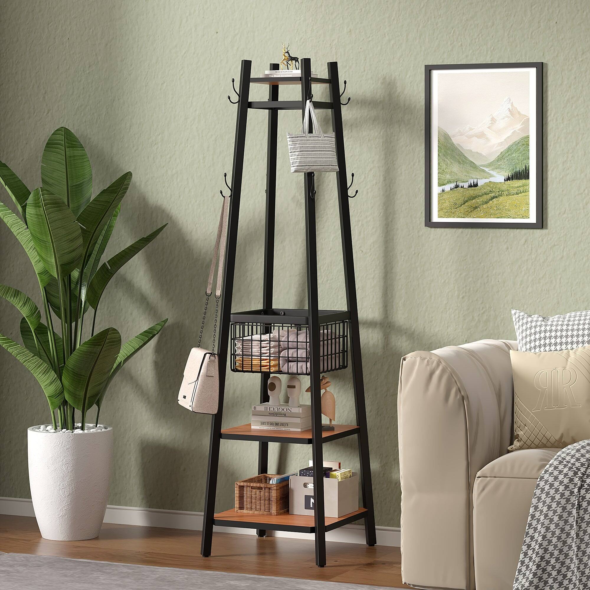 Alt View 1. Vecelo - Freestanding Entryway Coat Rack with Storage Basket and Hooks, Modern Hall Tree Organizer with Hanging Rods - Brown.
