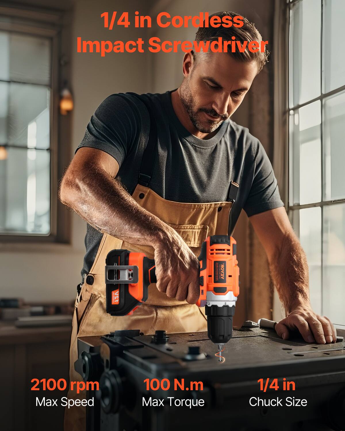 1/4 in Cordless Impact Screwdriver

- 2100 rpm Max Speed
- 100 N.m Max Torque
- 1/4 in Chuck Size