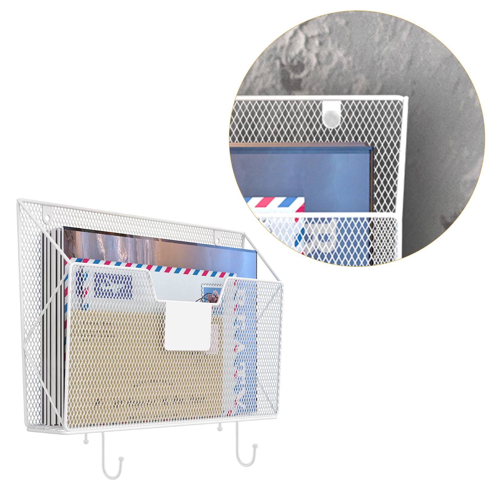 Left. Oumilen - 3-Pack White Wall-Mounted Mesh File Organizer, 13.38 in Hanging Document Holder with Label Slot & Hooks for Office.