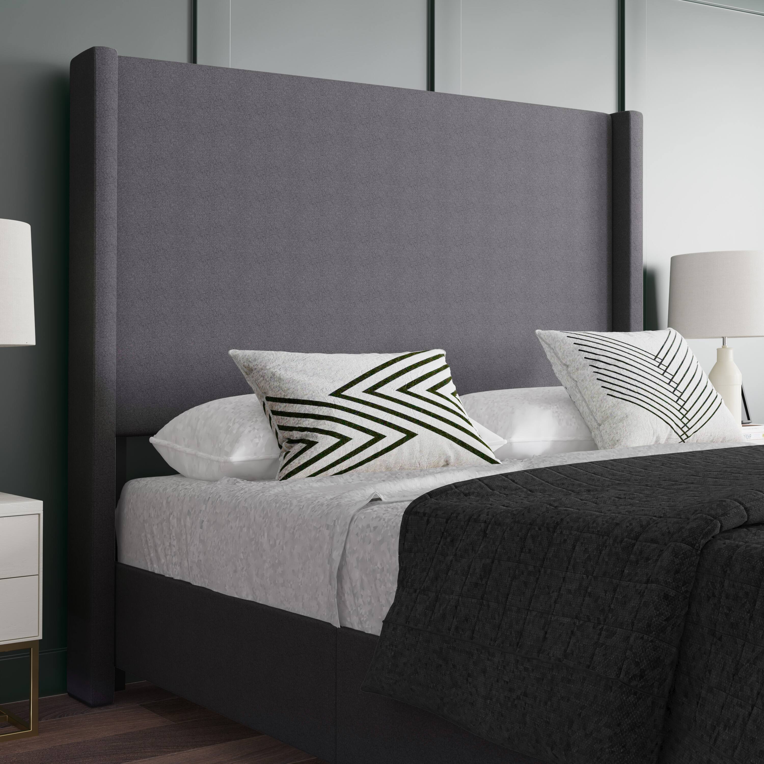 Alt View 4. Emma + Oliver - Nora upholstered Platform Bed with Plush Padded Wingback Headboard and Wood Support Slats - No Box Spring Needed - Gray.