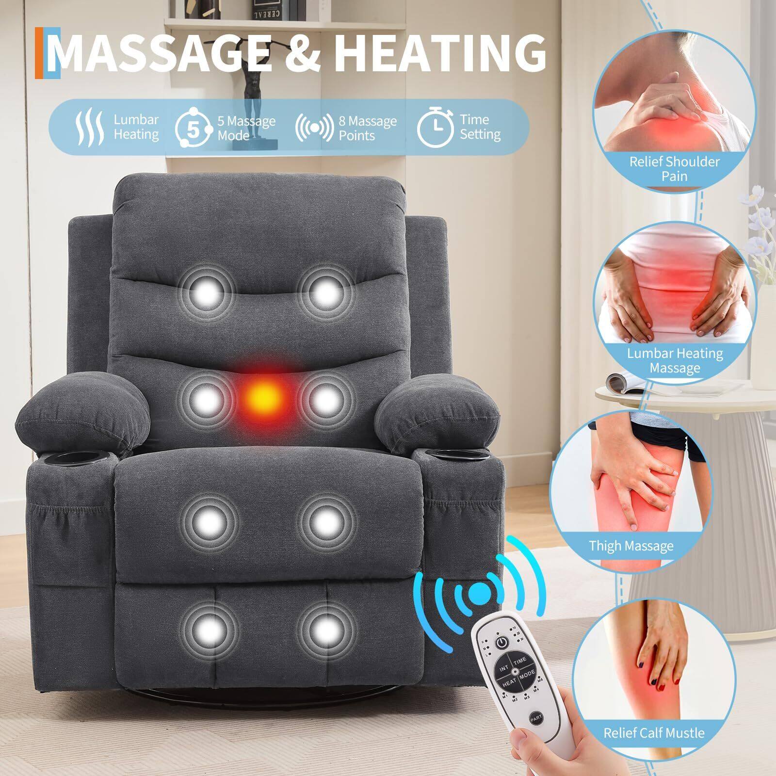 **MASSAGE & HEATING**

- Lumbar Heating
- 5 Massage Mode
- 8 Massage Points
- Time Setting

- Relief Shoulder Pain
- Lumbar Heating Massage
- Thigh Massage
- Relief Calf Muscle