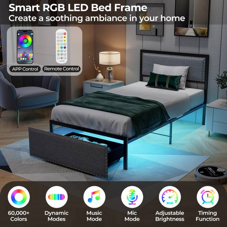 Smart RGB LED Bed Frame  
Create a soothing ambiance in your home

- APP Control
- Remote Control

09:21:34

60,000+ Colors  
Dynamic Modes  
Music Mode  
Mic Mode  
Adjustable Timing Brightness Function
