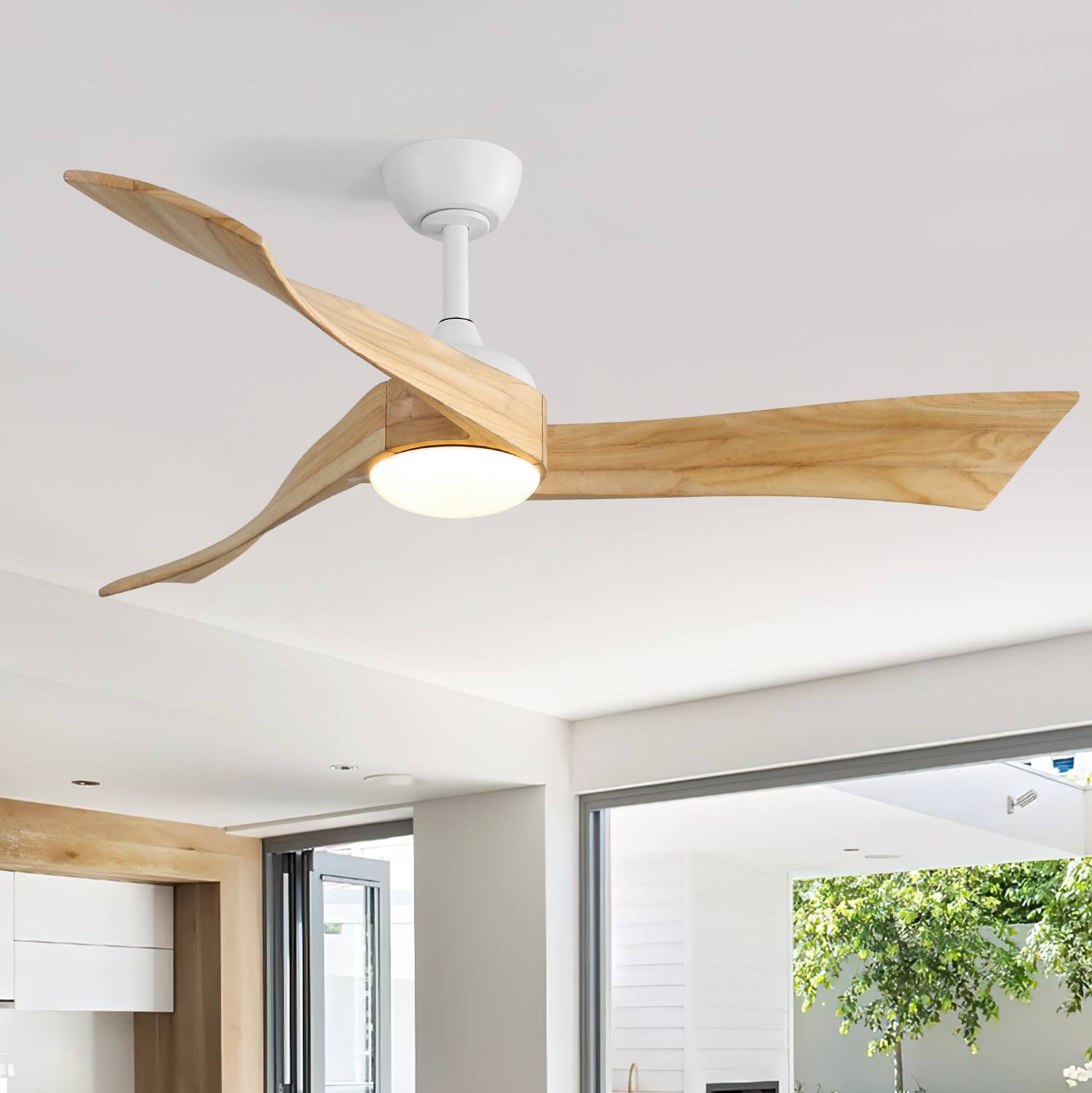 Alt View 1. Sofucor - 52'' Modern Propeller Ceiling Fan Light Kit With Remote Solid Wood Blades Dimmable 3-Color LED Timer & Quiet Reversible - White.