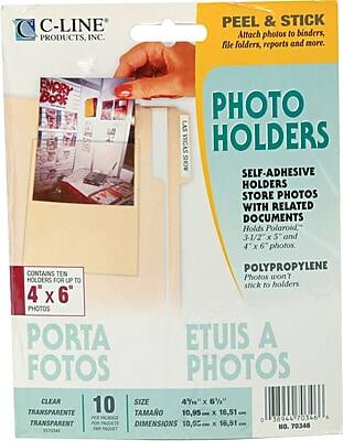 C-LINE PRODUCTS, INC.

PEEL & STICK
Attach photos to binders, file folders, reports and more.

PHOTO HOLDERS
SELF-ADHESIVE HOLDERS
STORE PHOTOS WITH RELATED DOCUMENTS
Holds Polaroid, 3-1/2 x 5" and 4" x 6" photos.
POLYPROPYLENE
Photos won't stick to holders.

CONTAINS TEN HOLDERS FOR UP TO 4" x 6" PHOTOS

PORTA FOTOS
ETUIS A PHOTOS

CLEAR
TRANSPARENTE

10
PER PACKAGE

SIZE
TAMAÑO
DIMENSIONS
4 3/4" x 6 3/4"
10,95 cm x 16,51 cm

NO. 70346