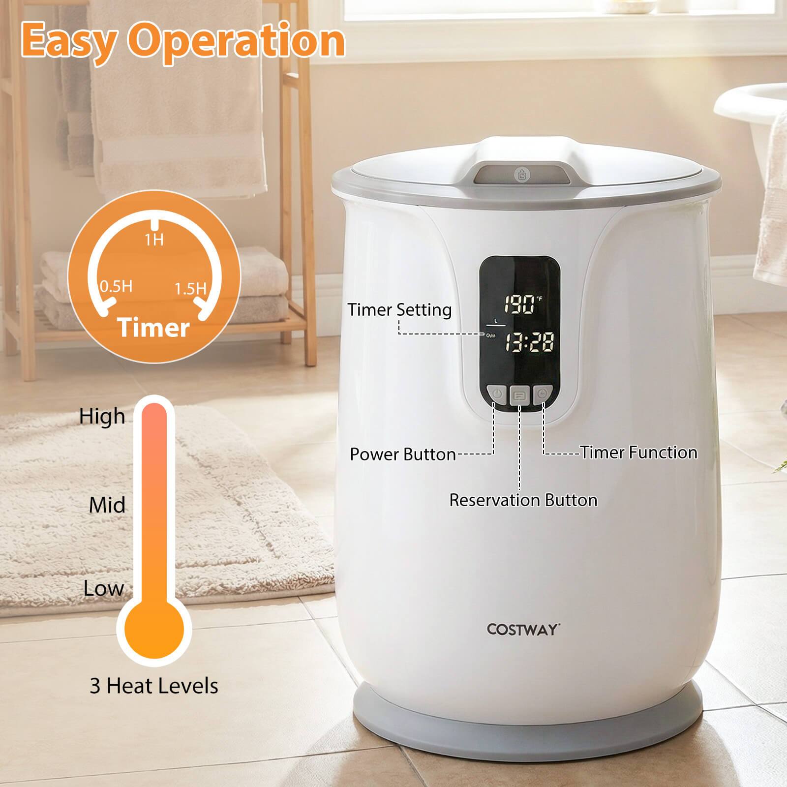 Easy Operation

1H 0.5H 1.5H Timer

Timer Setting 190 13:28

High Power Button Timer Function Mid Reservation Button Low

COSTWAY

3 Heat Levels