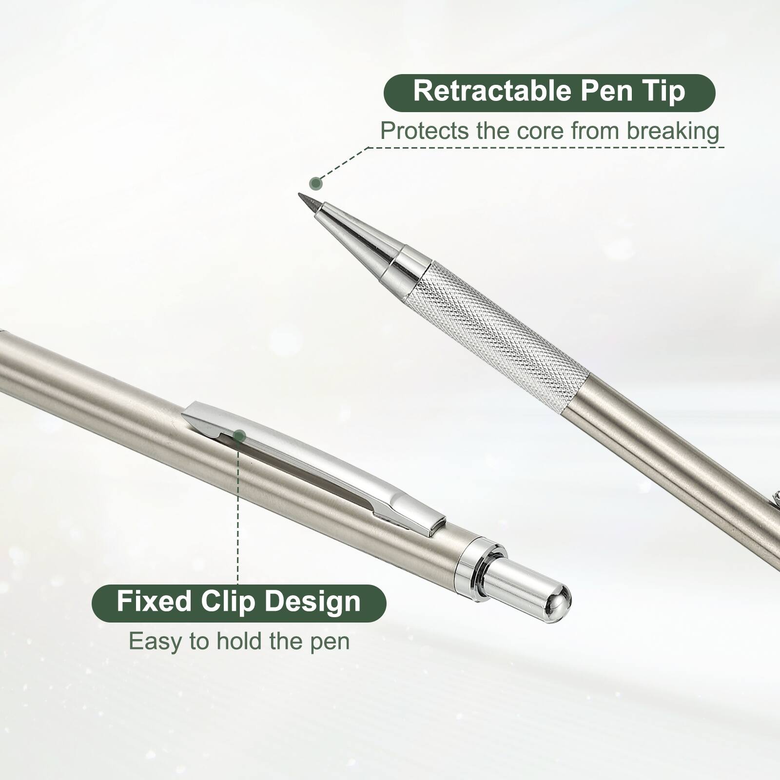 Retractable Pen Tip  
Protects the core from breaking  

Fixed Clip Design  
Easy to hold the pen
