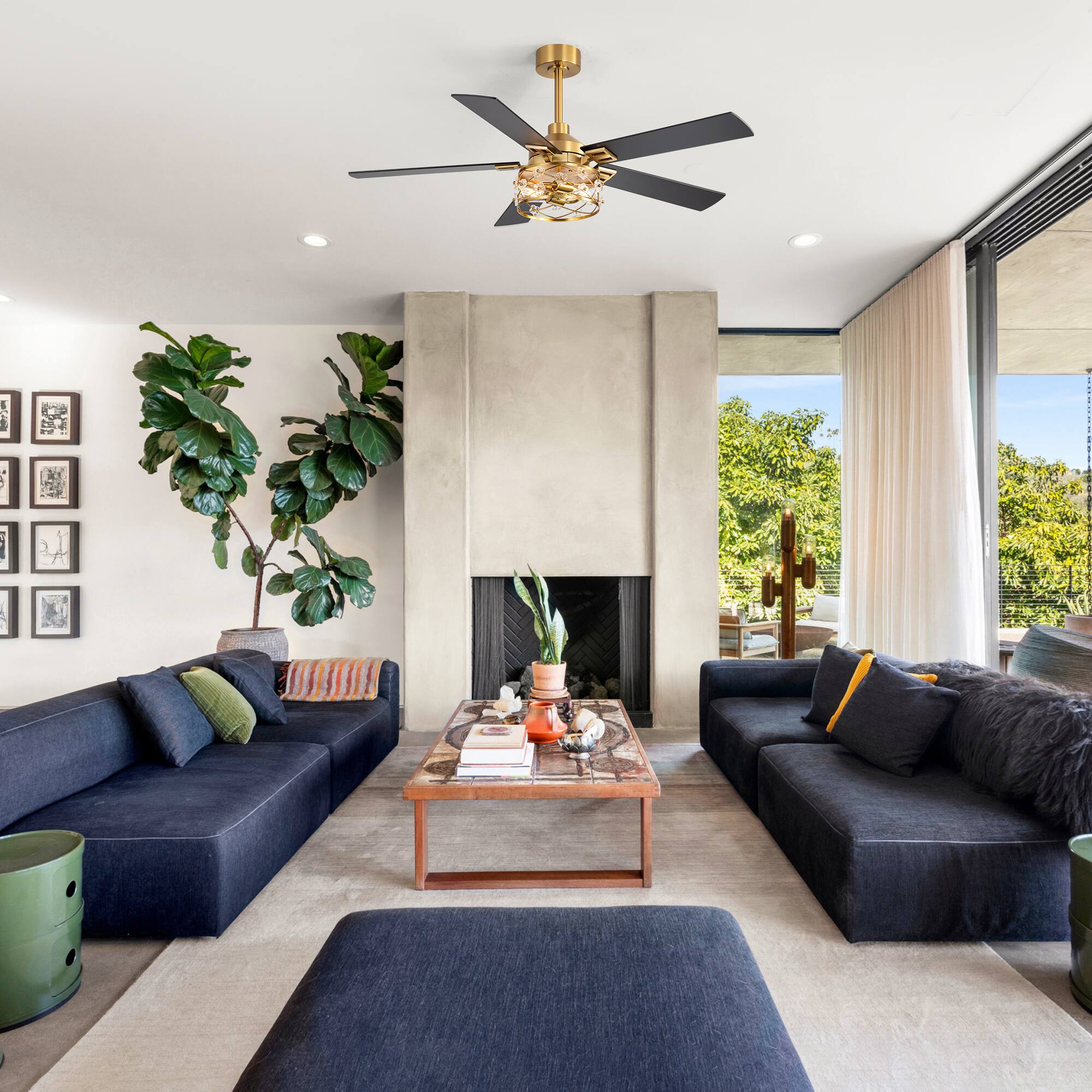 Back. Breezary - 52-Inch Indoor Ceiling Fan with Light Kit, 5 Plywood Dual-Finish Blades, DC Motor, 5/10'' Downrods, Remote, Glass Shade - Electroplated Gold with Black and Deep Red Walnut.