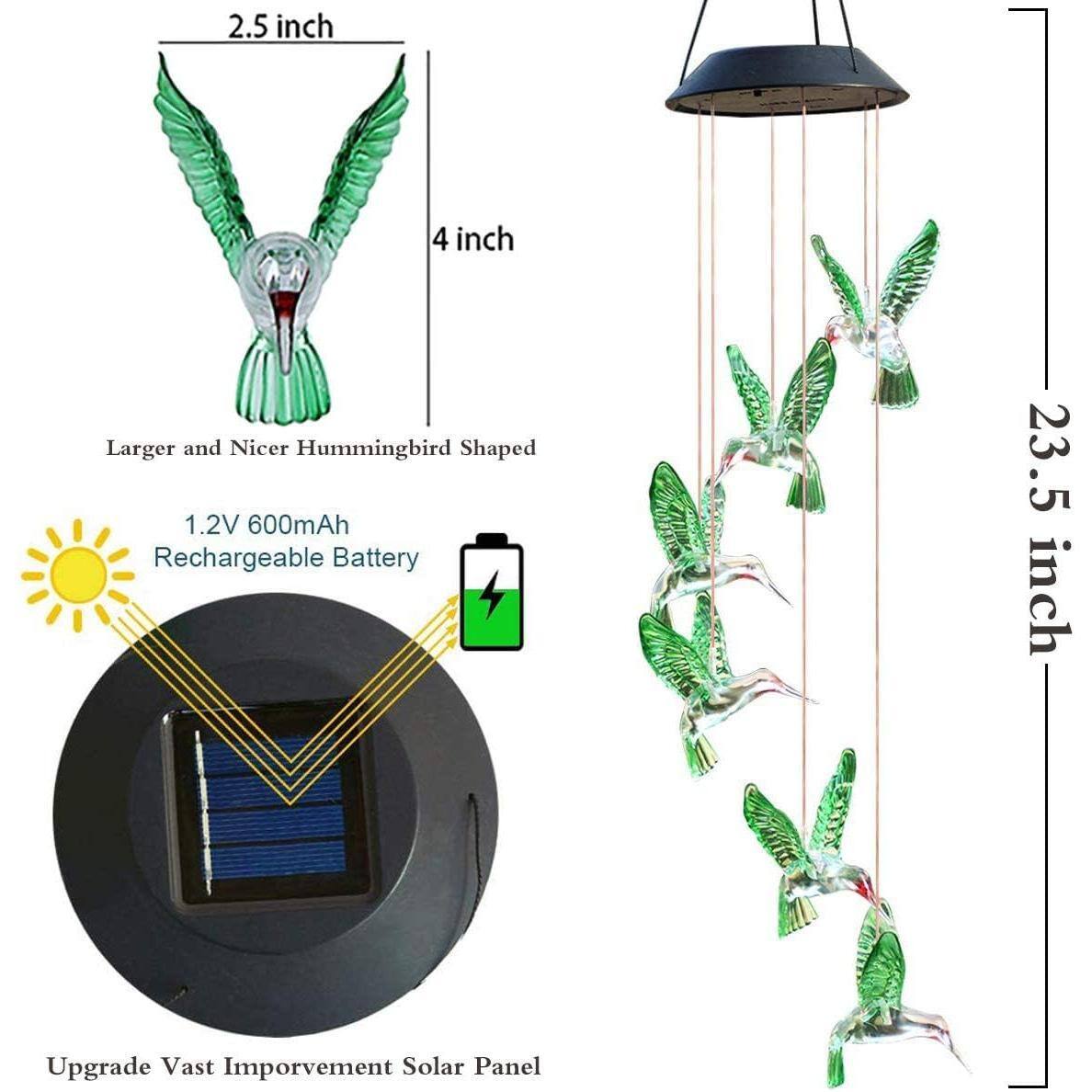 2.5 inch  
4 inch  

Larger and Nicer Hummingbird Shaped  

1.2V 600mAh Rechargeable Battery  

Upgrade Vast Improvement Solar Panel  

23.5 inch