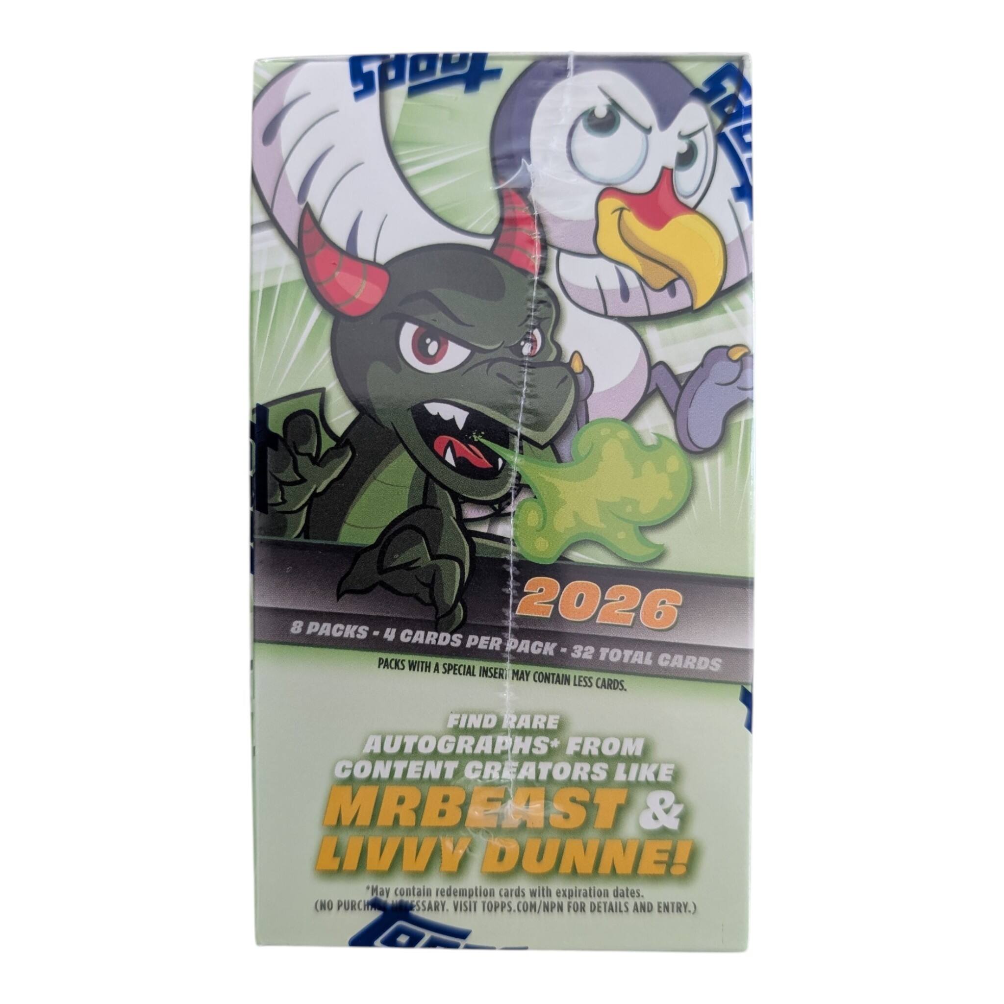 8 PACKS - 4 CARDS PER PACK - 32 TOTAL PACKS WITH A SPECIAL INSERT MAY CONTAIN LESS CARDS. FIND RARE AUTOGRAPHS* FROM CONTENT CREATORS LIKE MRBEAST & LIVVY DUNNE! "May contain redemption cards with expiration dates. (NO PURCHASE NECESSARY. VISIT TOPPS.COM/NPN FOR DETAILS AND ENTRY.)