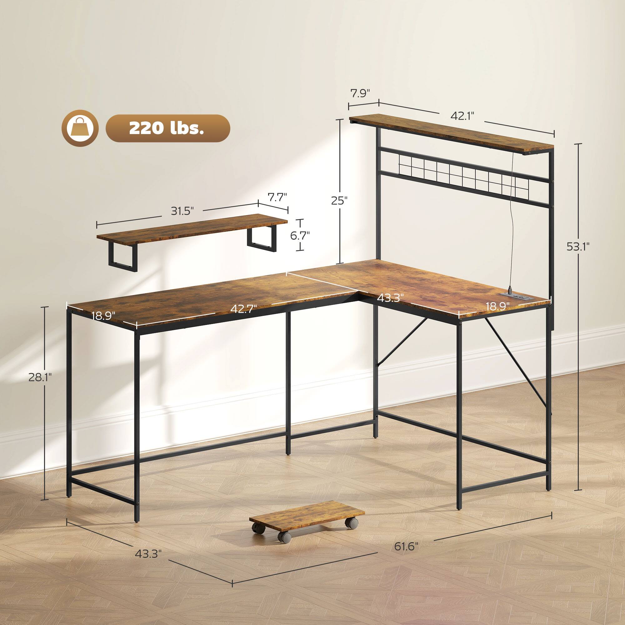 7.9", 42.1", 31.5", 7.7", 6.7", 25", 53.1", 18.9", 42.7", 43.3", 18.9", 28.1", 43.3", 61.6", 220 lbs.