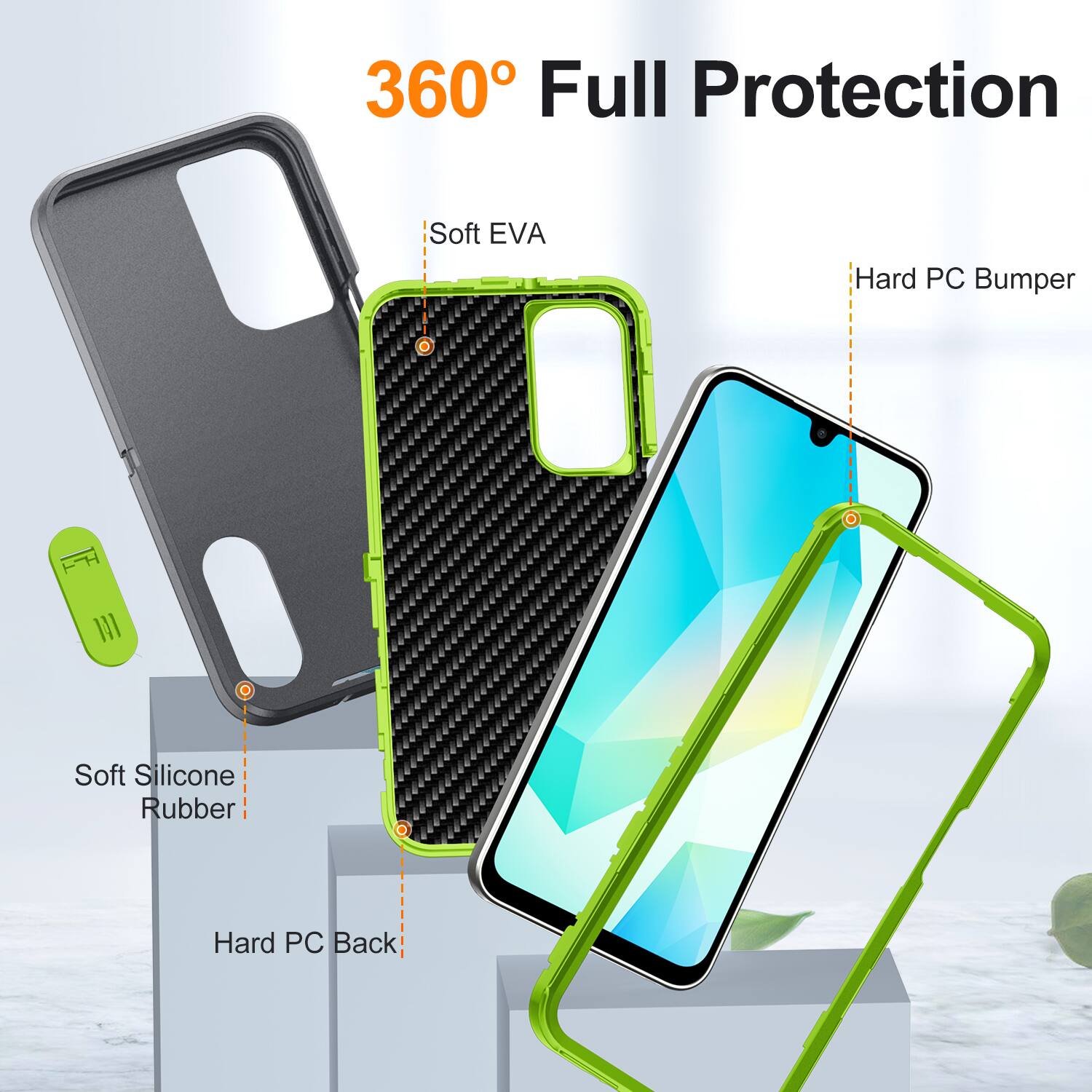 360° Full Protection

- Soft EVA
- Hard PC Bumper
- Soft Silicone Rubber
- Hard PC Back