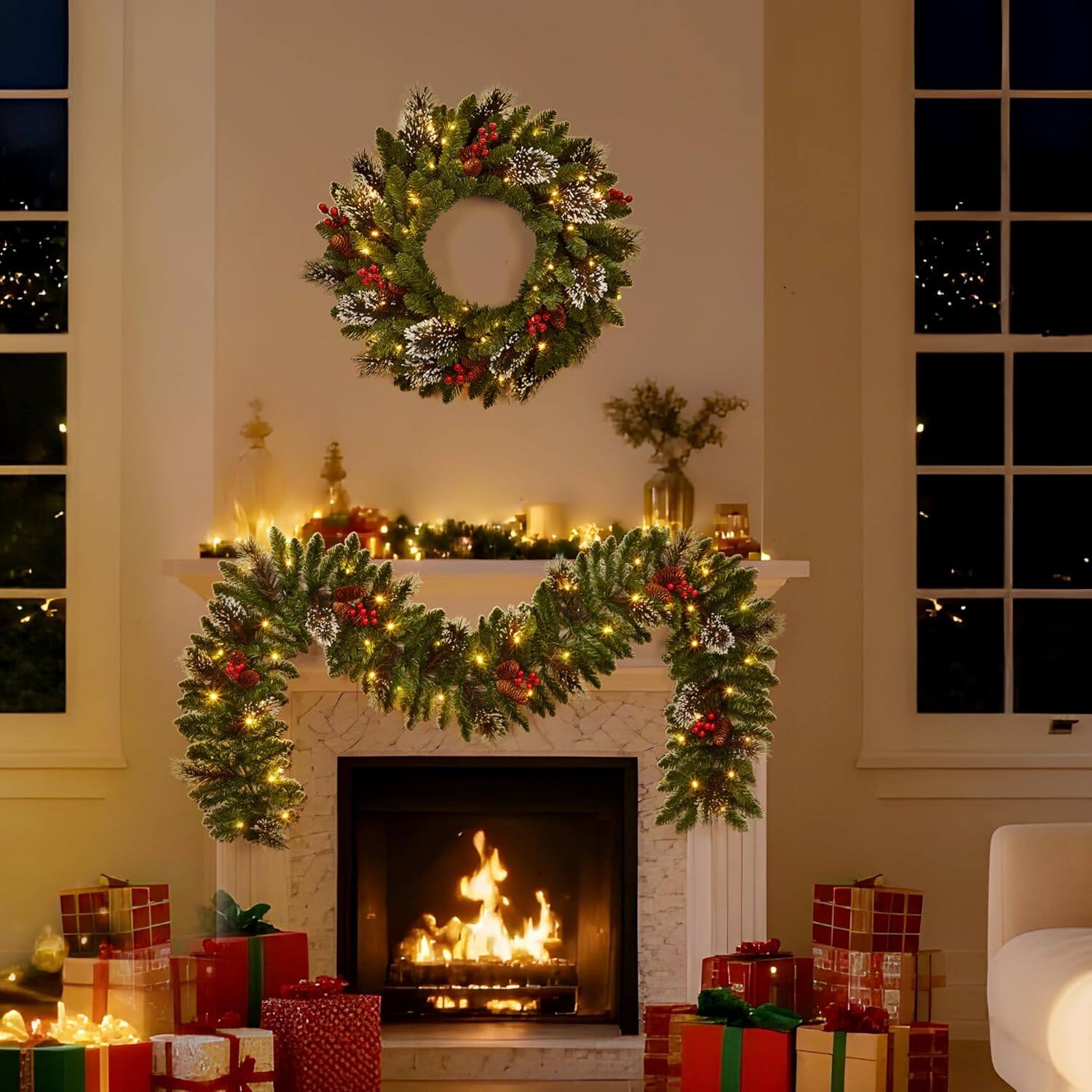 Alt View 2. Jojoka - Multi Size Green Christmas Wreath and Garland Set Pre-Lit for Indoor Outdoor Holiday Decorations - Green.