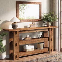 Tribesigns - Farmhouse Solid Wood Console Table with Storage Shelves and Wood Grain Finish for Entryway and Hallway - Brown