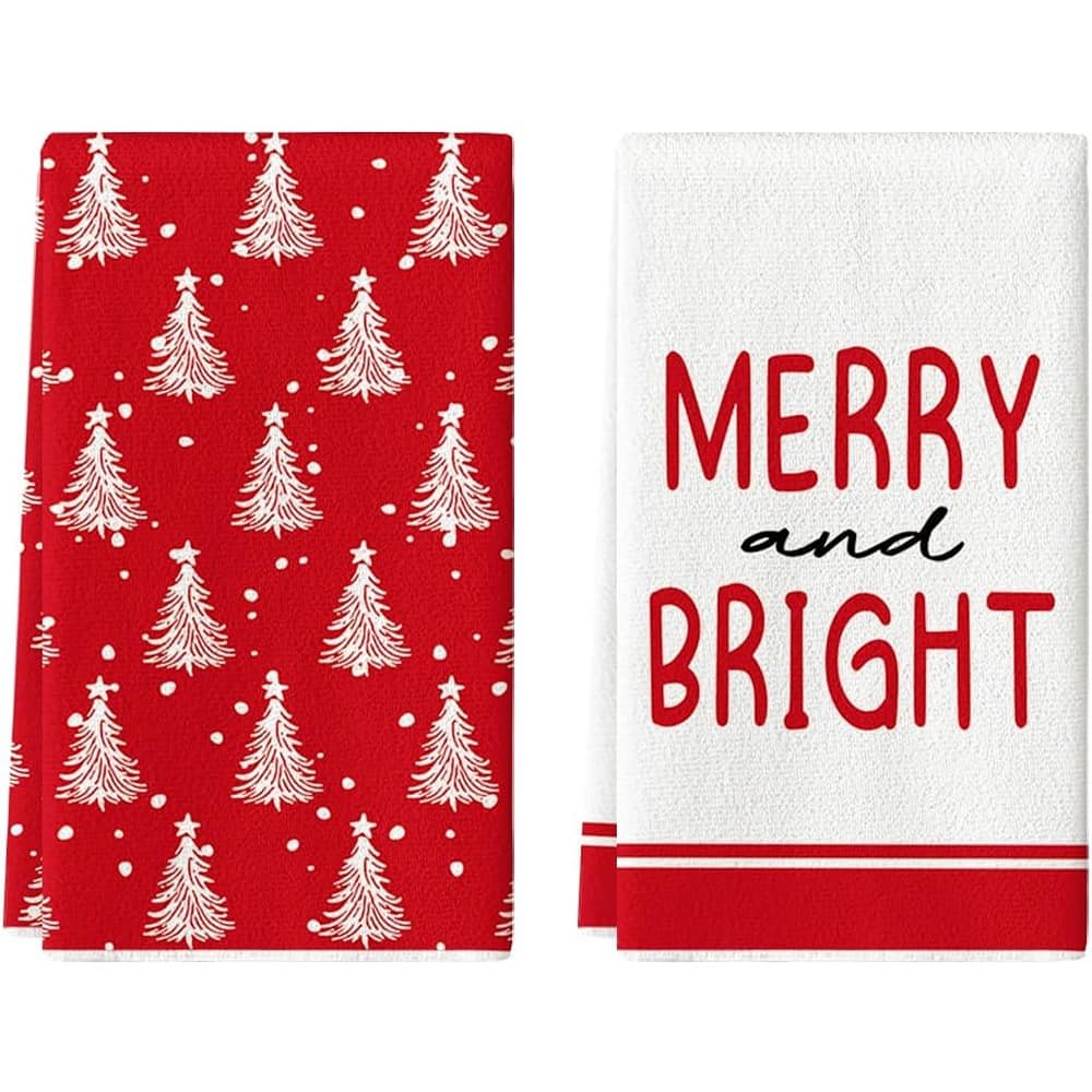 RTMB - 18x26 Inch Christmas Kitchen Towels, Set of 2 Holiday Dish Towels with Farmhouse Merry & Bright Design - Red
