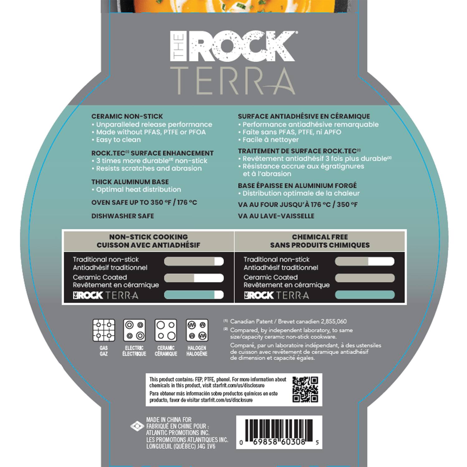 **THE ROCK TERRA**

**CERAMIC NON-STICK**

- Unparalleled release performance
- Made without PFAS, PTFE, or PFOA
- Easy to clean

**ROCK.TEC™ SURFACE ENHANCEMENT**

- 3 times more durable non-stick
- Resists scratches and abrasion

**THICK ALUMINIUM BASE**

- Optimal heat distribution

**OVEN SAFE UP TO 350°F / 176°C**

**DISHWASHER SAFE**

**NON-STICK COOKING**

- Traditional non-stick
- Antiadhésif traditionnel
- Ceramic Coated
- Revêtement en céramique

**SURFACE ANTIADHÉSIVE EN CÉRAMIQUE**

- Performance antiadhésive remarquable
- Faite sans PFAS, PTFE, ni APFO
- Facile à nettoyer

**TRAITEMENT DE SURFACE ROCK.TEC™**

- Revêtement antiadhésif 3 fois plus durable
- Résistance accrue aux égratignures et à l'abrasion

**BASE ÉPAISSE EN ALUMINIUM FOR