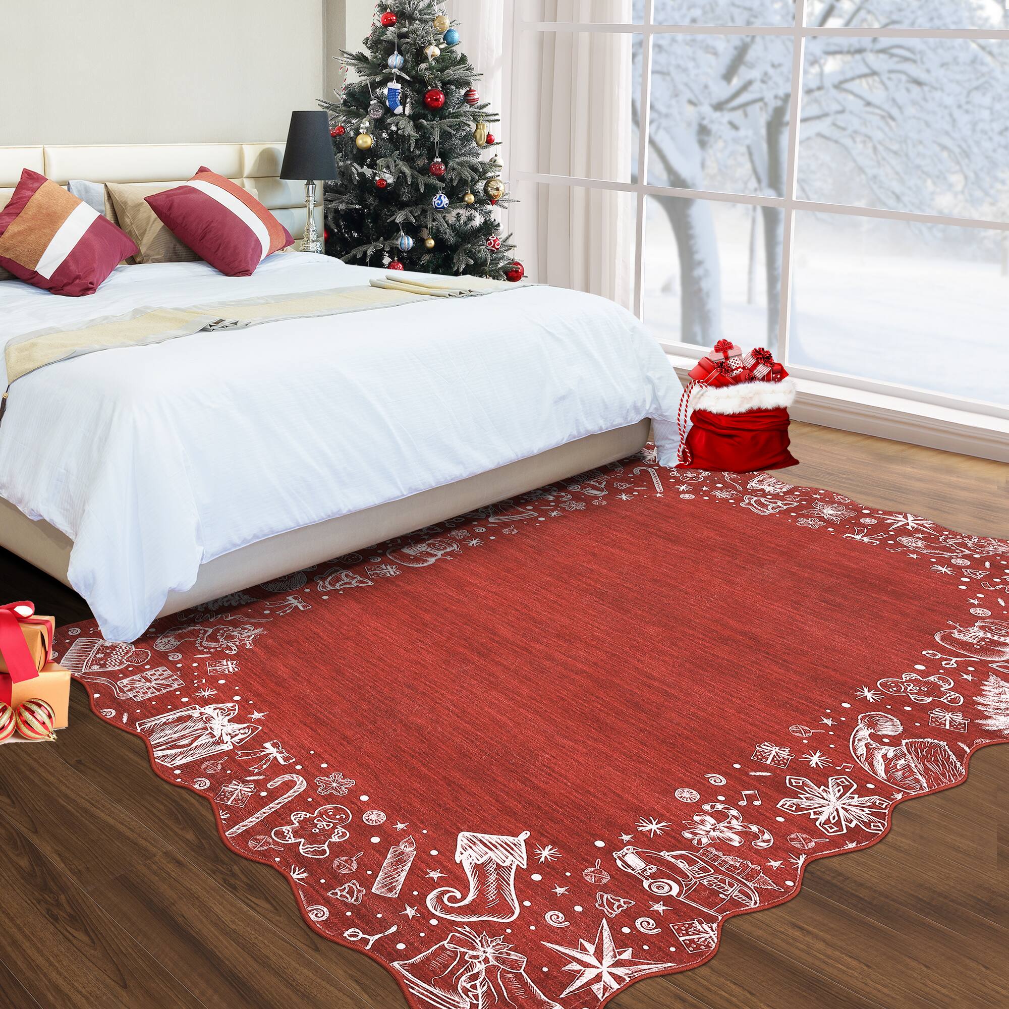 GARVEE Christmas Scalloped Edge Design Holiday Rug with Santa ...