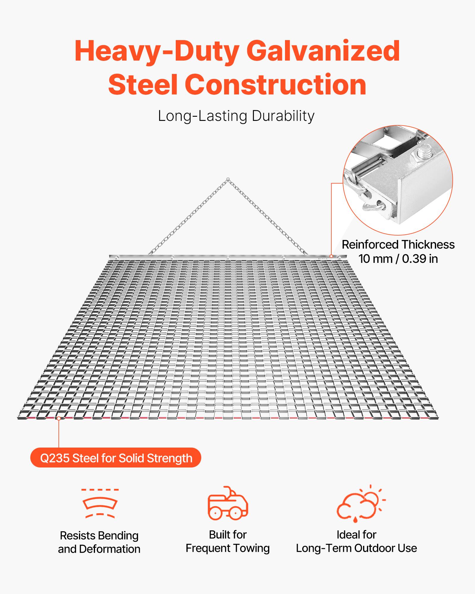 Heavy-Duty Galvanized Steel Construction  
Long-Lasting Durability  
Reinforced Thickness 10 mm / 0.39 in  
Q235 Steel for Solid Strength  
Resists Bending and Deformation  
Built for Frequent Towing  
Ideal for Long-Term Outdoor Use