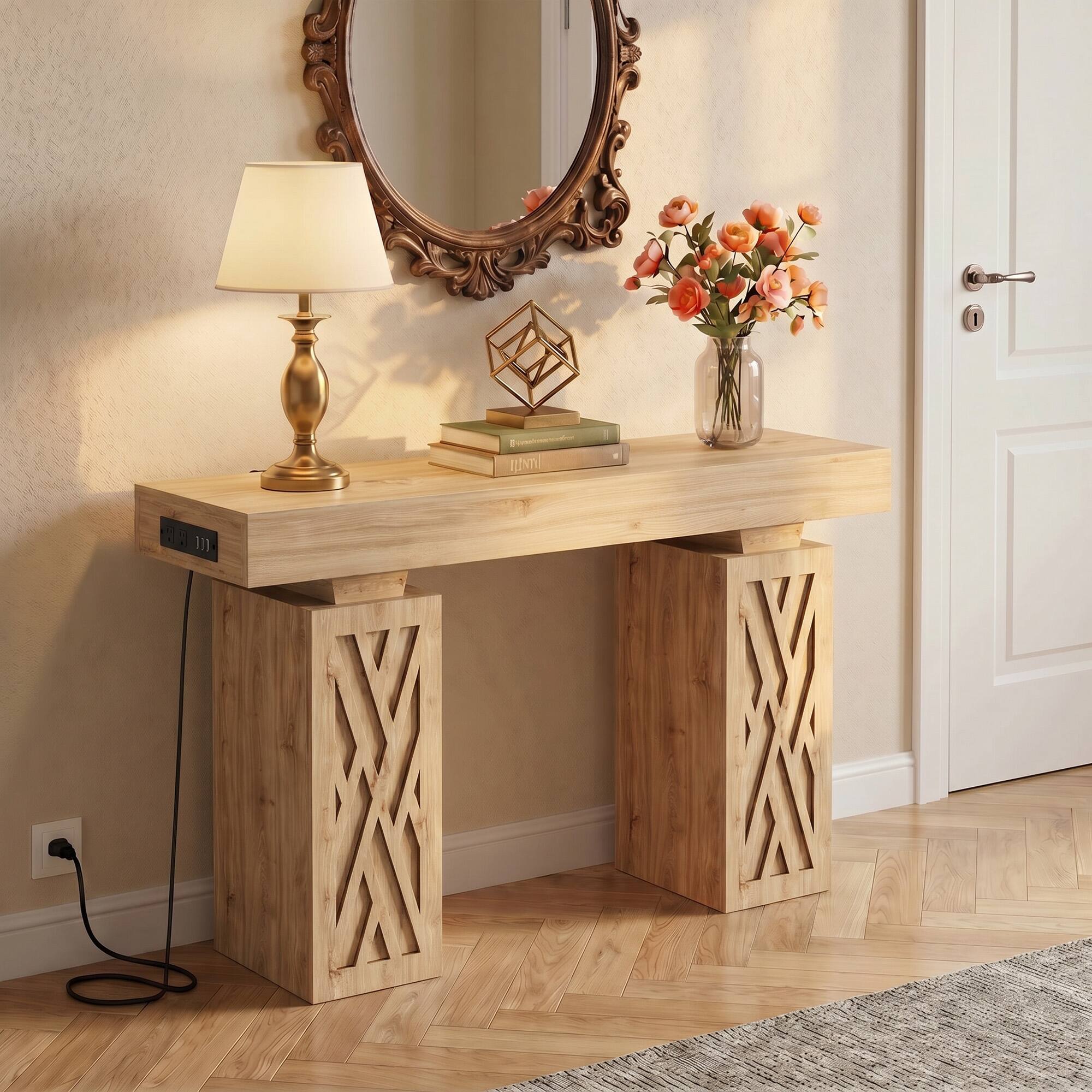 Alt View 4. Aheaplus - 47'' Farmhouse Console Table with Charging Station and LED Lights - Nature Oak.