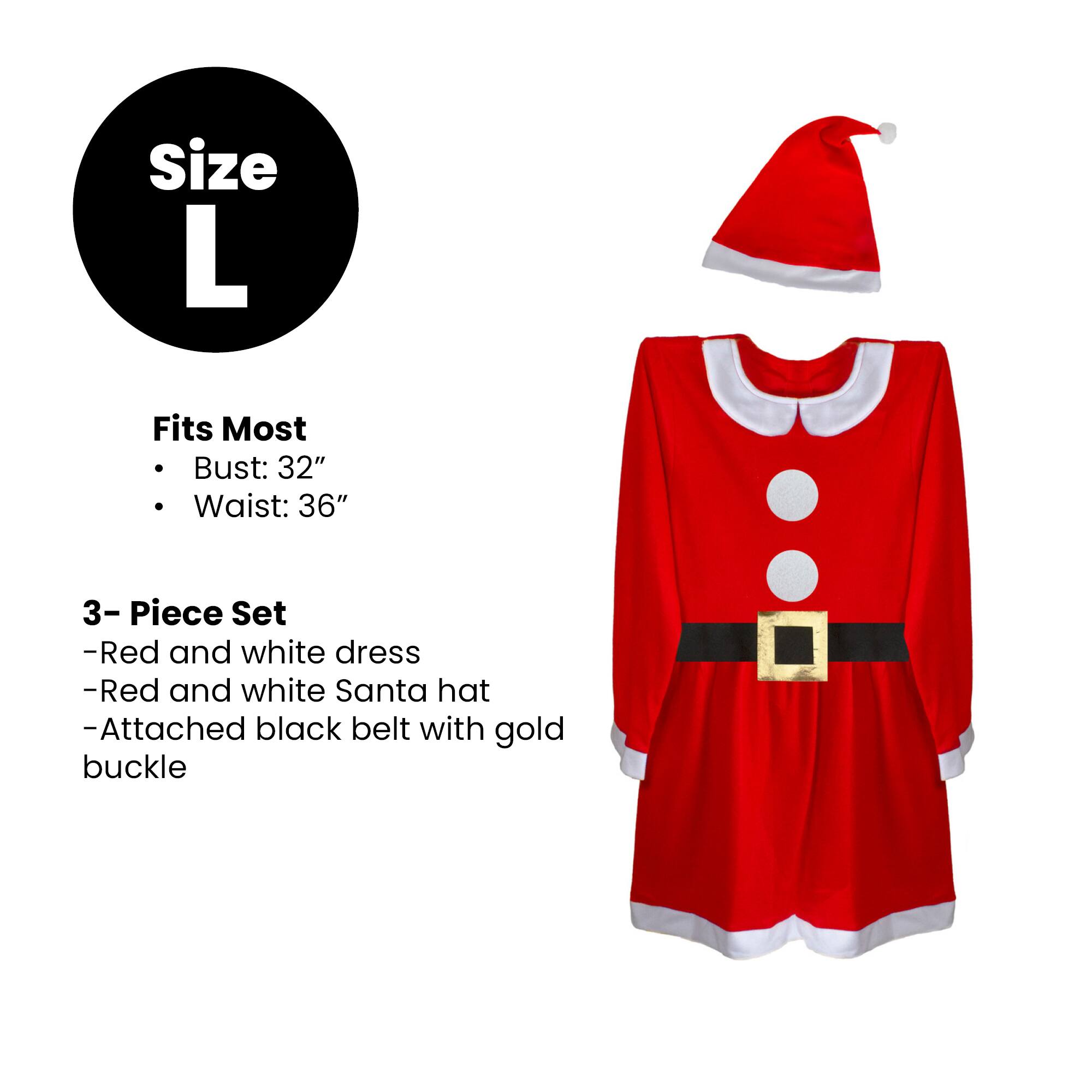 Size L  
Fits Most  
- Bust: 32"  
- Waist: 36"  

3-Piece Set  
- Red and white dress  
- Red and white Santa hat  
- Attached black belt with gold buckle