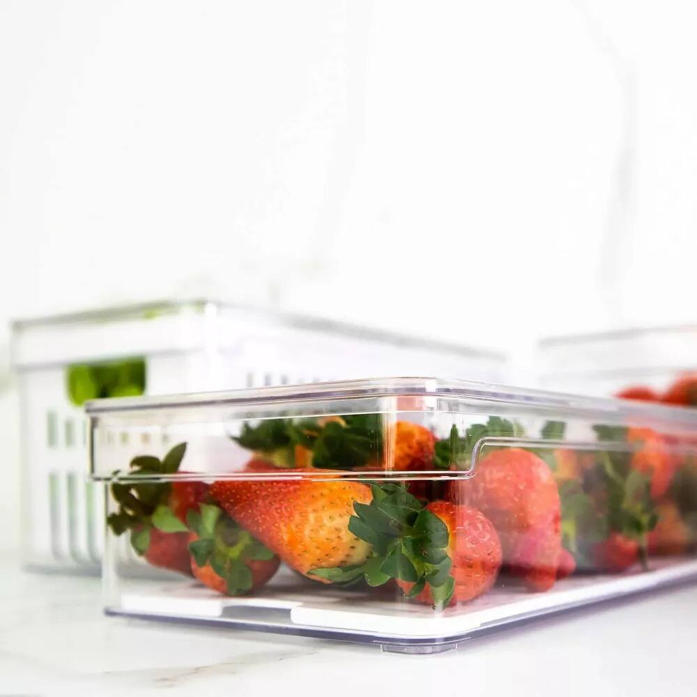 Alt View 7. OU - OU Fridge Food Organizer Bins w Vented Lid & Drain Tray, Stackable Refrigerator Storage Container - Clear.