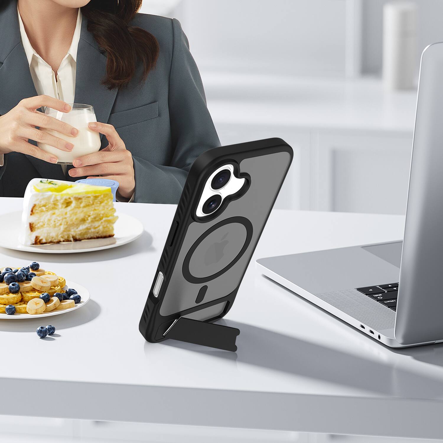Alt View 3. Dteck - for Apple iPhone 17 Translucent Matte Case,Shockproof Stand Slim Mag Safe Cover with Glass Screen - Black.